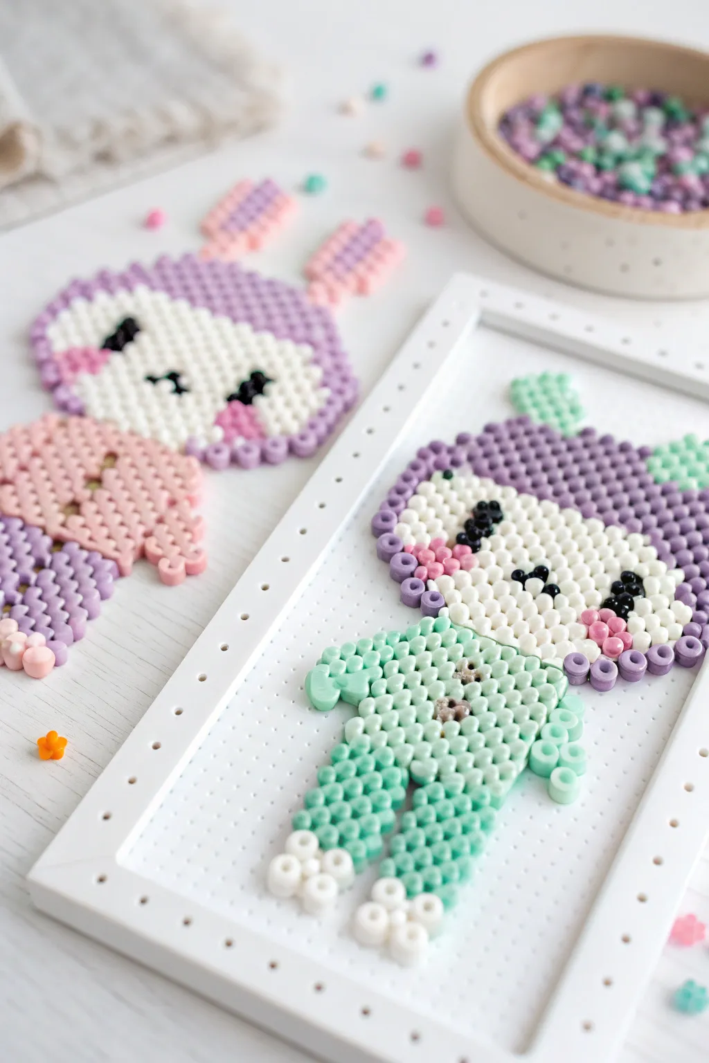 Add a touch of preppy fun to your space with pastel pop characters in perler bead art!