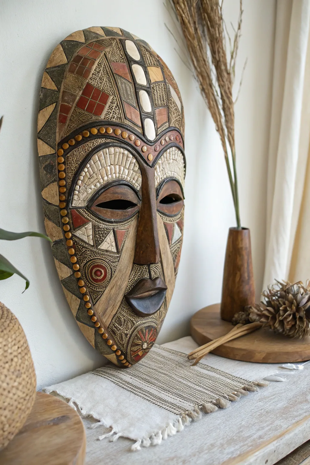 Embrace diversity in unity with this stunning mosaic mask masterpiece, where every piece tells a unique story.