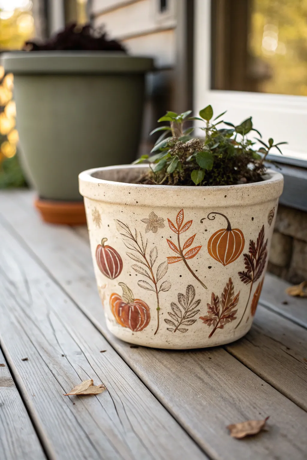 Embrace the season with handcrafted charm: a clay planter adorned with autumn's warmth.