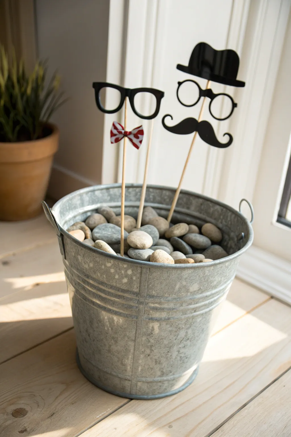 Elevate your photo booth with a charming tin bucket prop holder, where vintage meets modern simplicity.