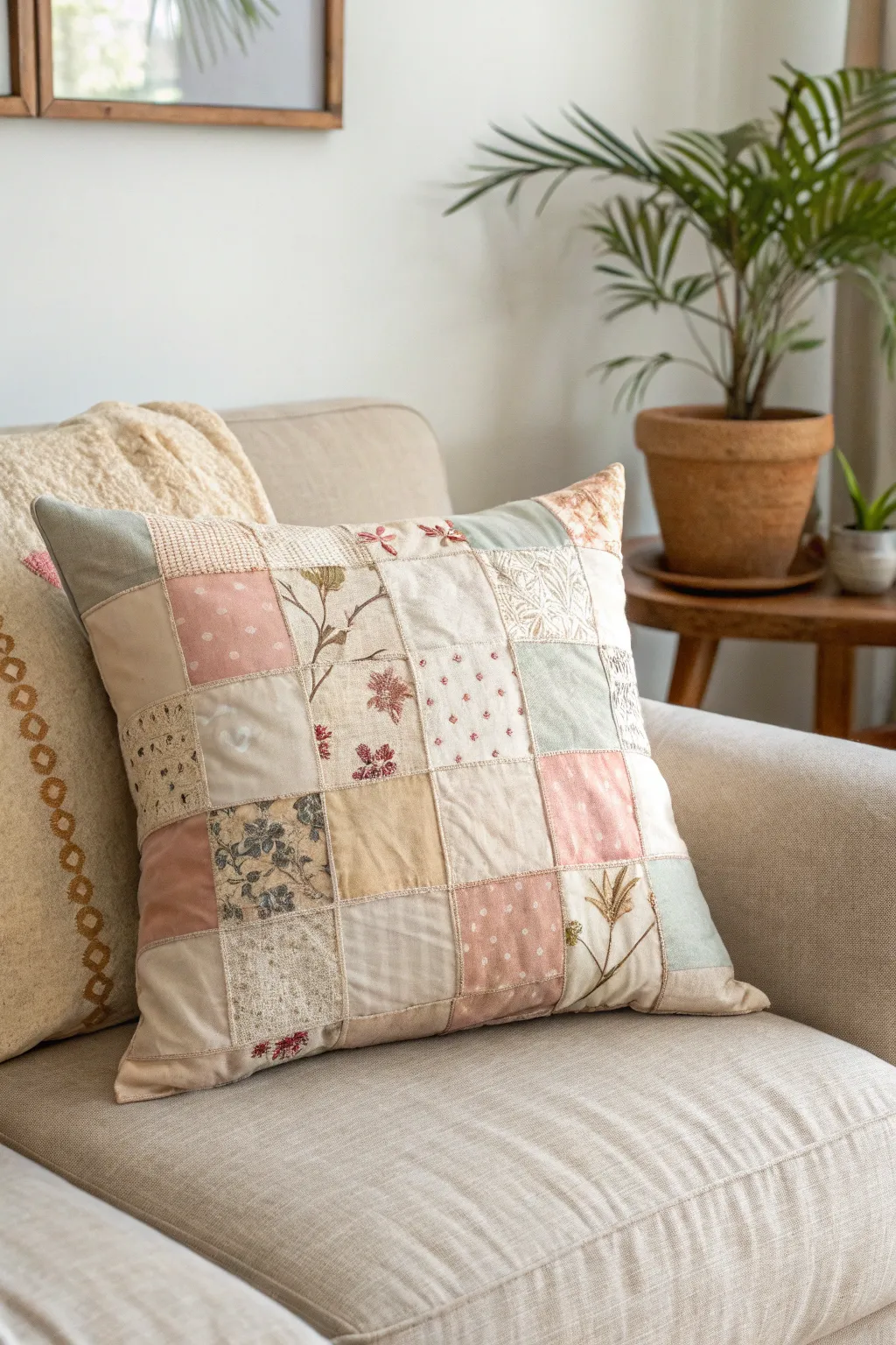 Crafted with love: Embrace nostalgia with a charming patchwork pillow that brings warmth and character to your minimalist space.