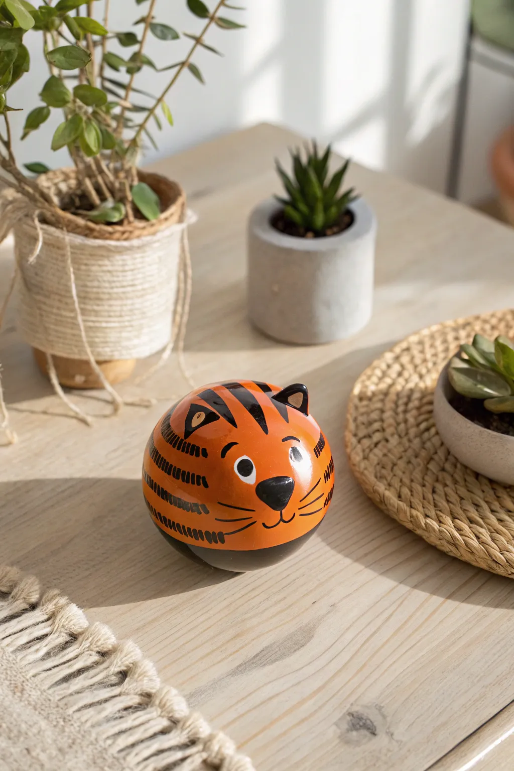 Bring the wild home with this charming tiger face rattle, where craftsmanship meets natural beauty.