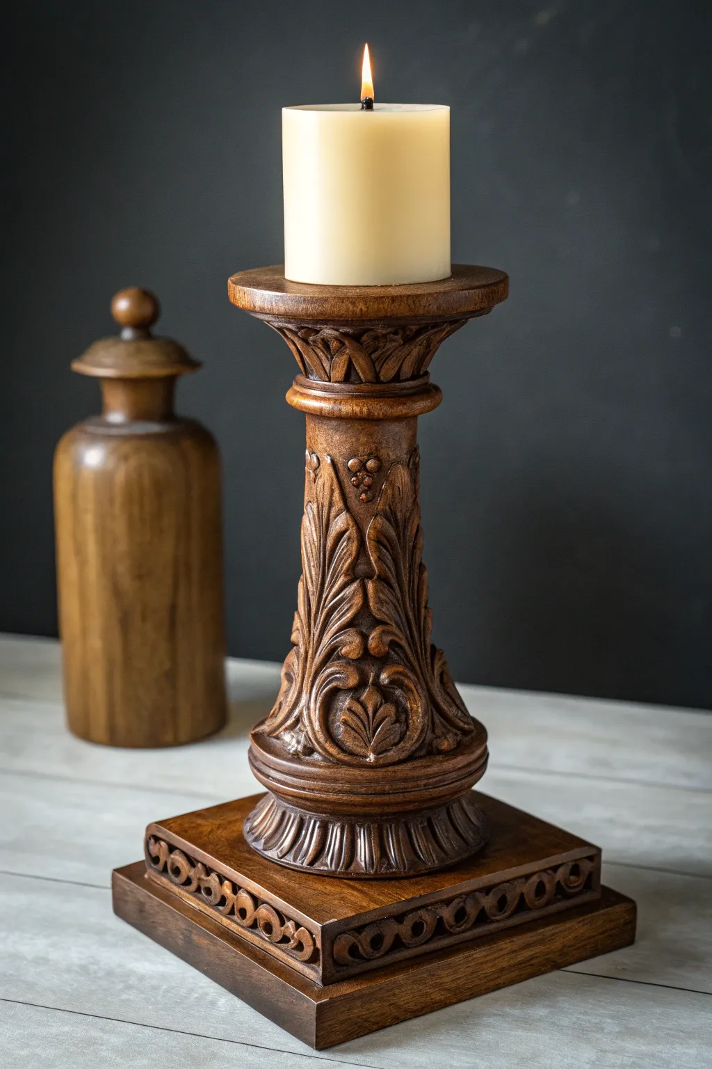 Illuminate your space with the rustic charm of a handcrafted wooden candle holder.