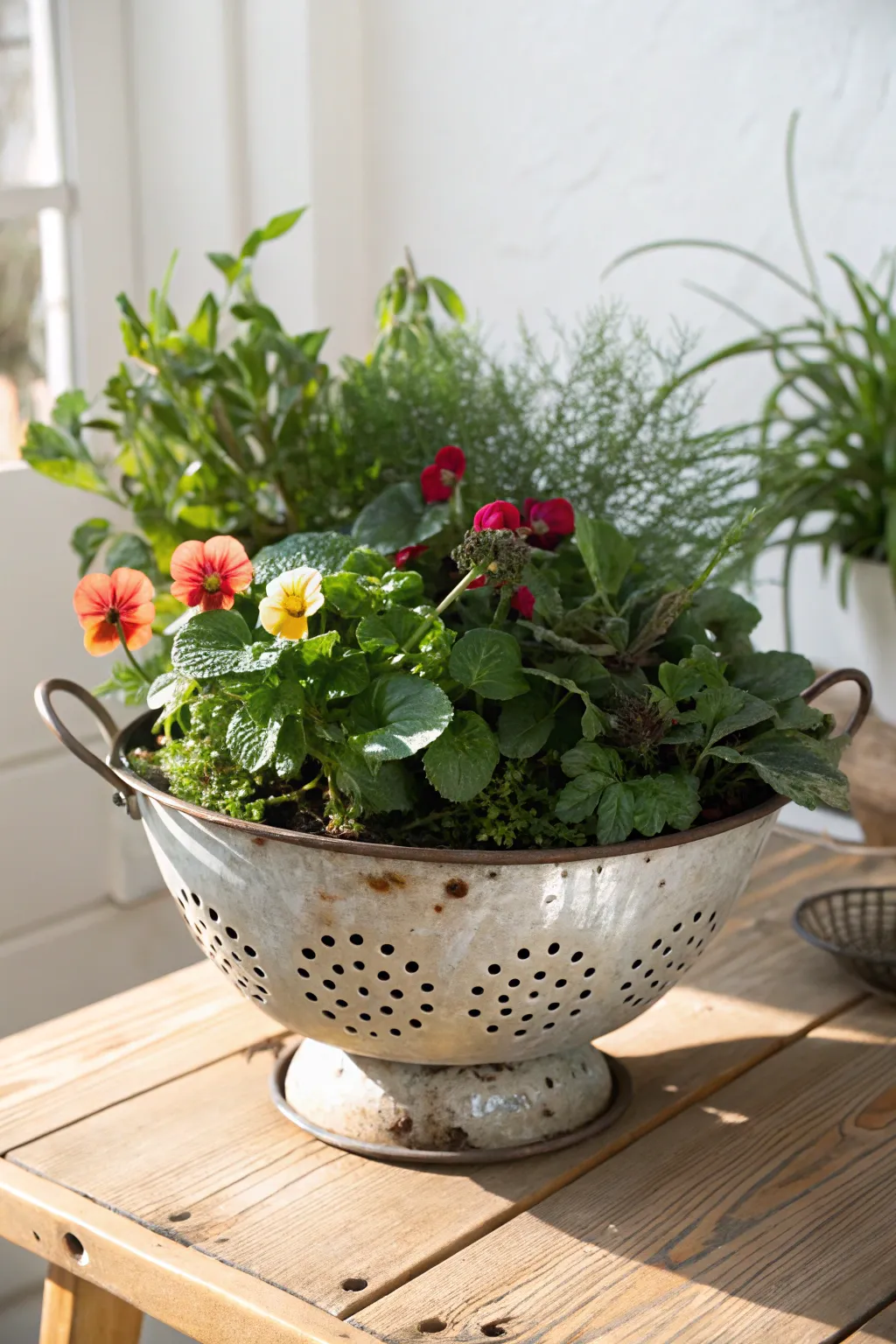 Transform your patio with a touch of vintage charm and vibrant greenery using a repurposed colander planter.