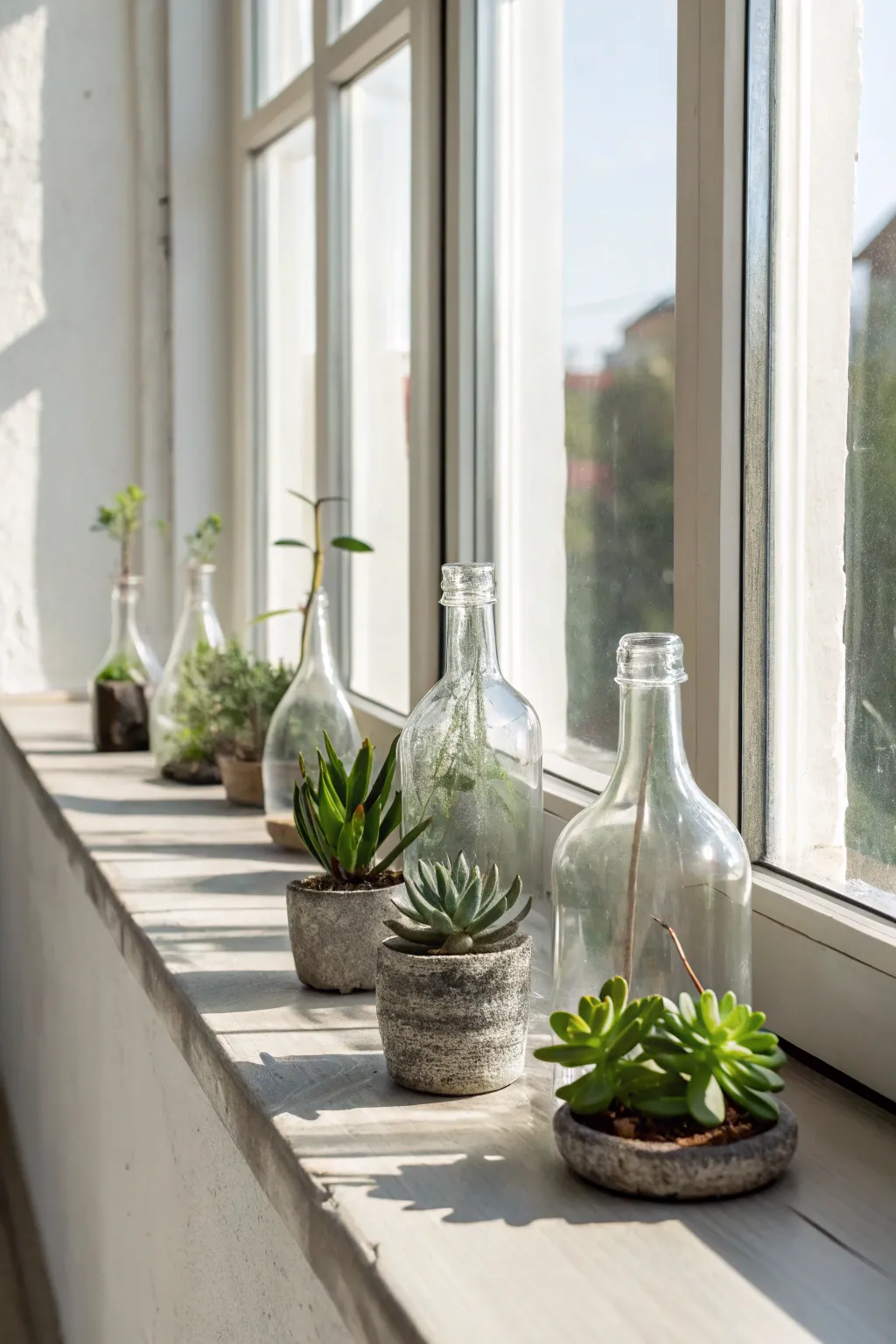 Transform your windowsill into a lush escape with minimalist glass bottle gardens. Perfect for a touch of natural serenity. 🌿✨