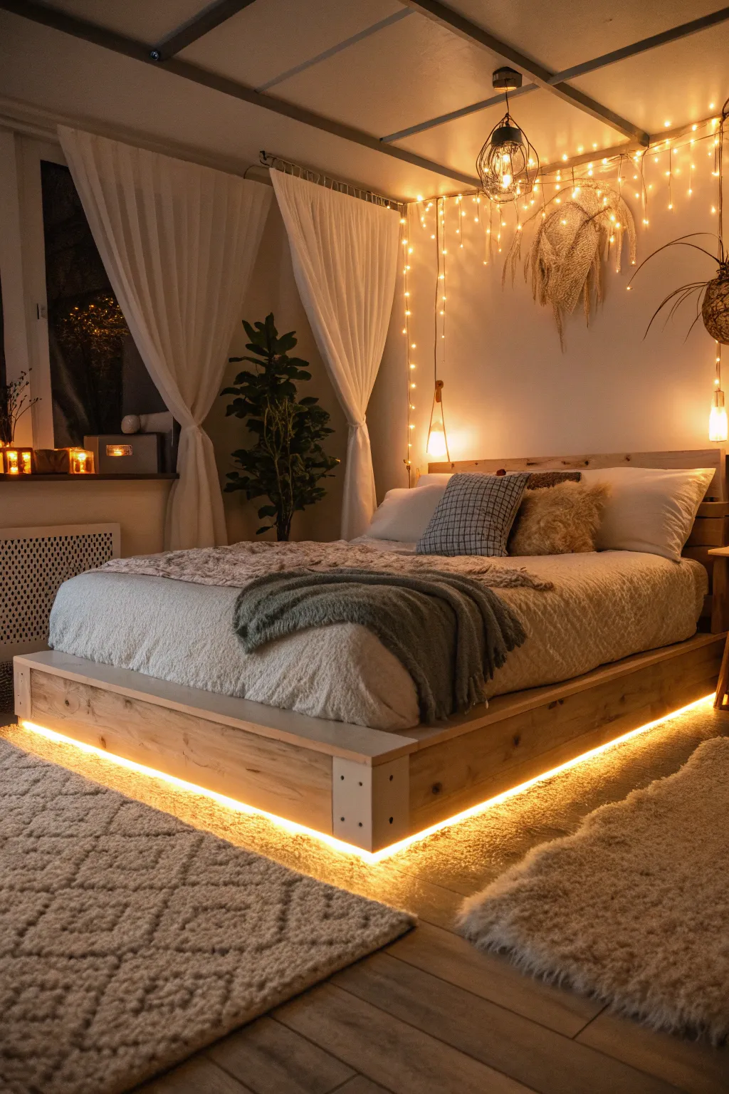 Ambient lighting integrated into a platform bed for a cozy atmosphere.