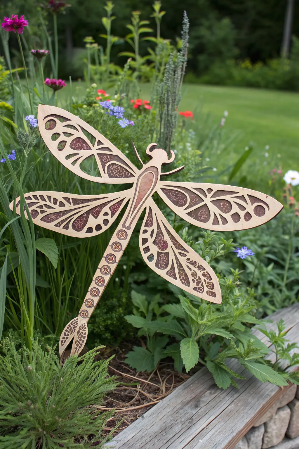 Bring whimsical charm to your garden with handcrafted plywood dragonflies.