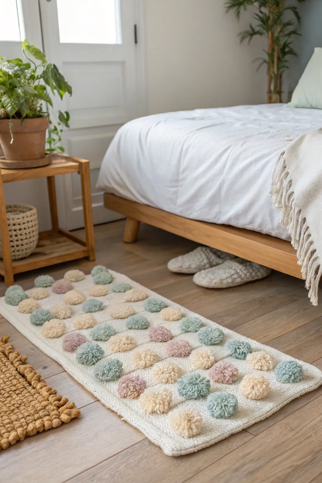 Step into serenity with this cozy pom pom rug, your perfect bedside companion.