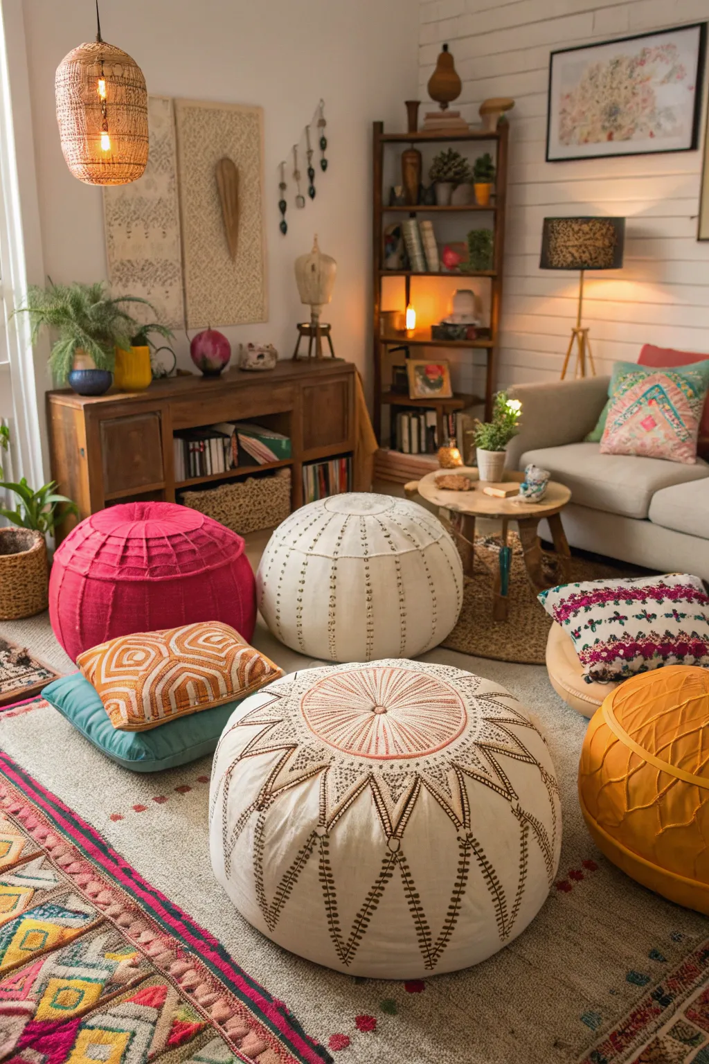 An eclectic mix of poofs adds character to this space.
