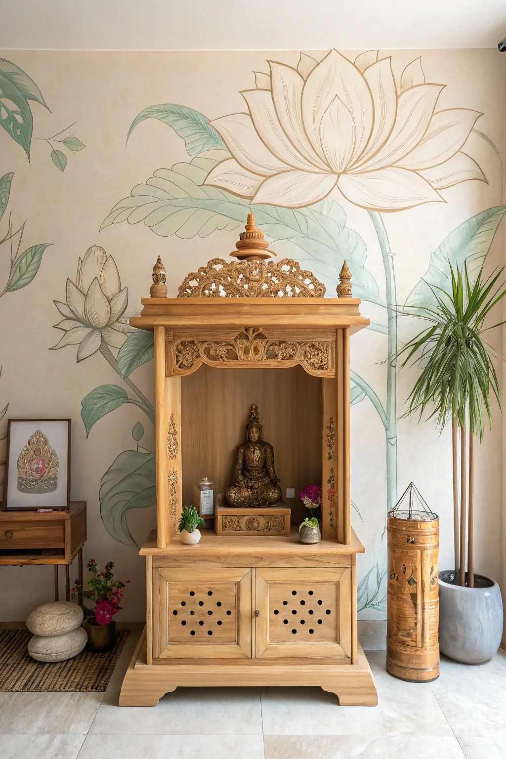 Infuse personal artistry into your mandir with a touch of elegance and simplicity.