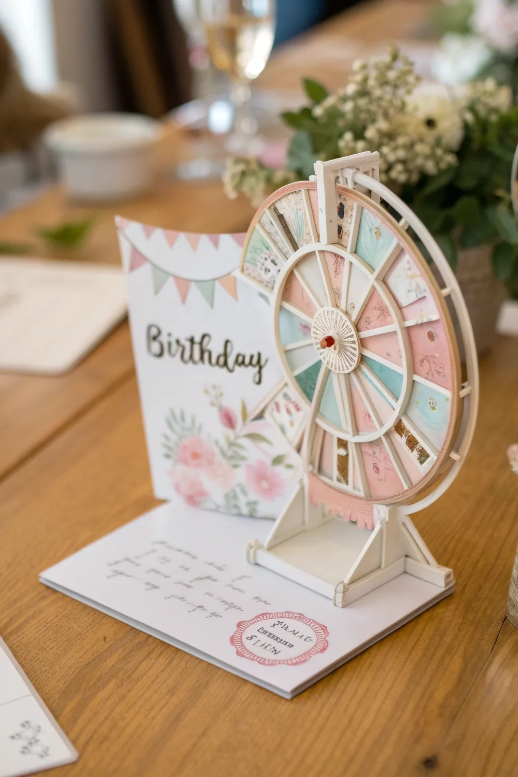 Delight in the artistry of a handmade pop-up card with a whimsical spinning wheel of wishes!