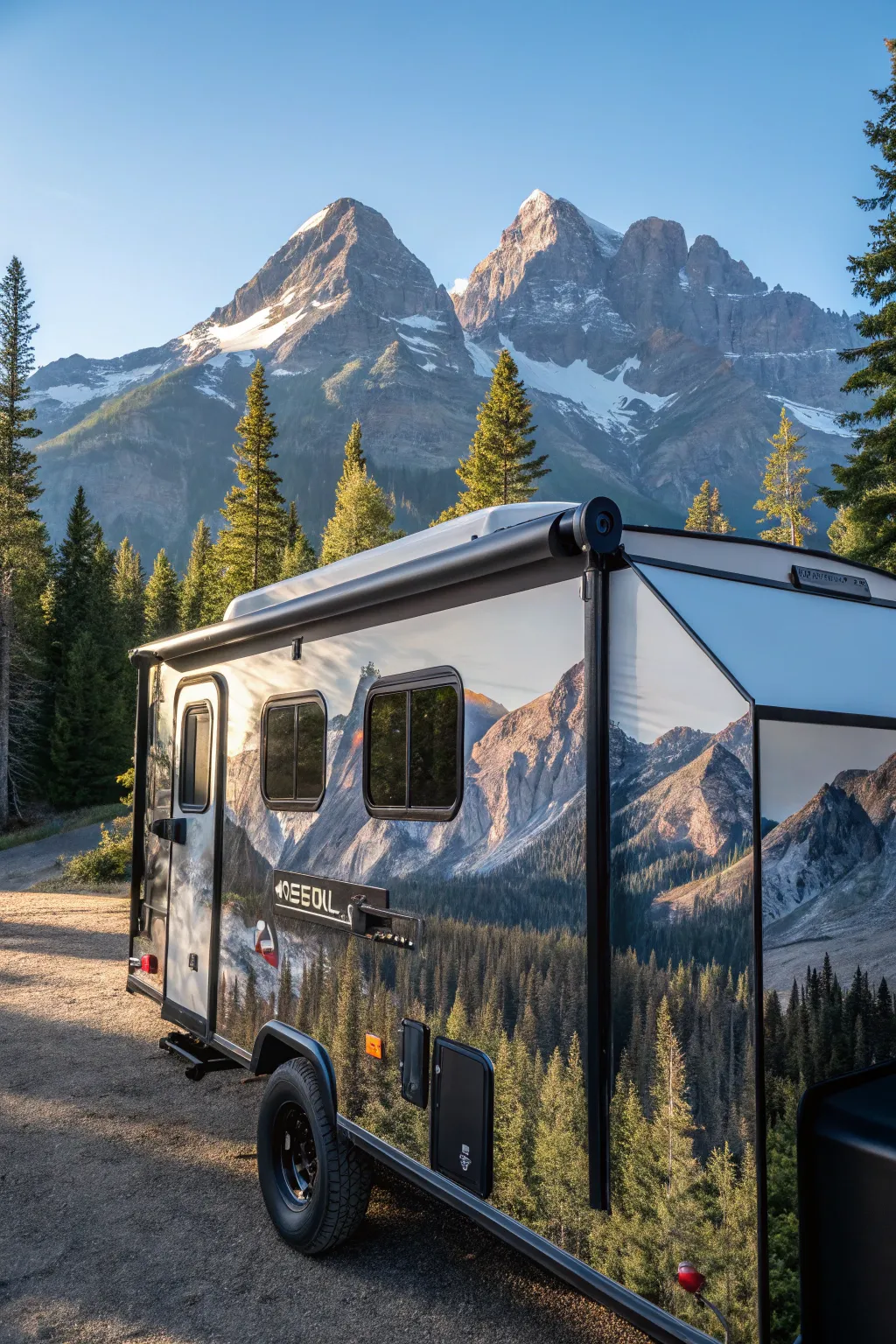 Transform your camper into a mobile adventure with striking mountain and forest decals.