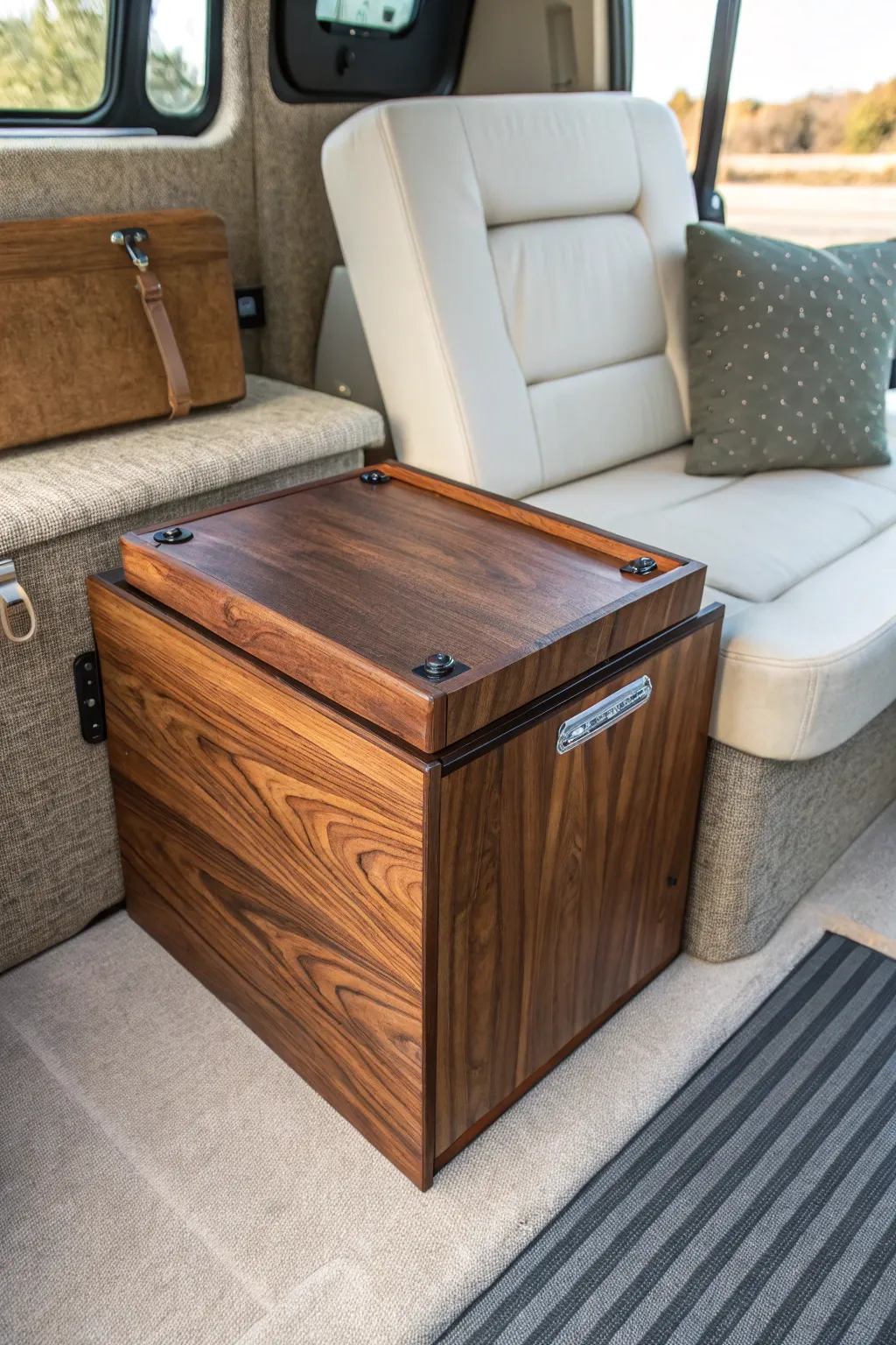 Discover the art of hidden storage: elegance meets functionality in this handcrafted under-seat bin.