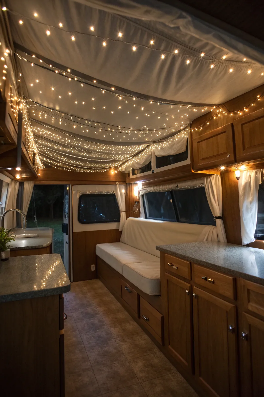 Transform your camper into a dreamy retreat with the enchanting glow of string lights.