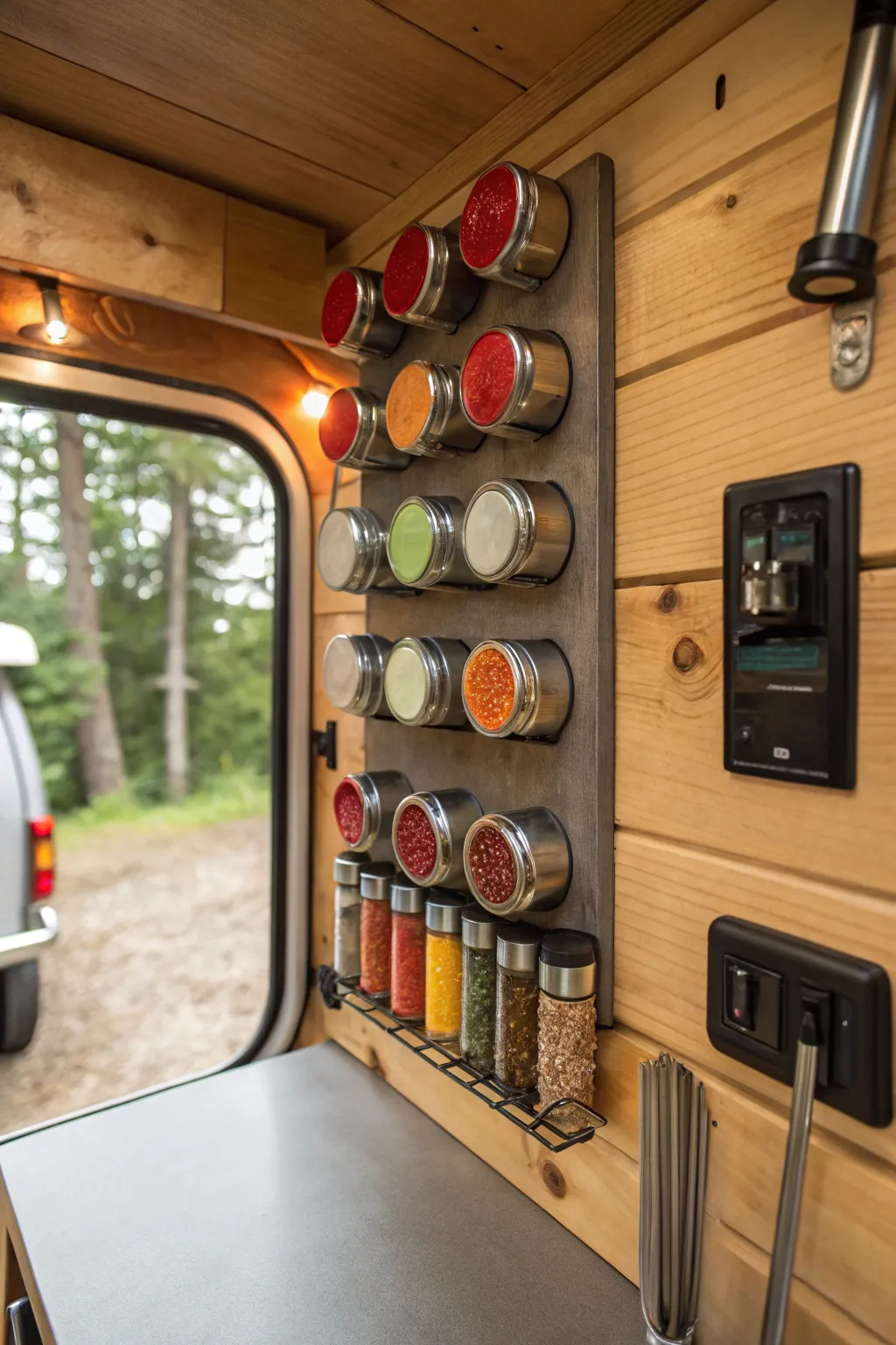Elevate your camper kitchen with a stylish magnetic spice rack—where functionality meets design.
