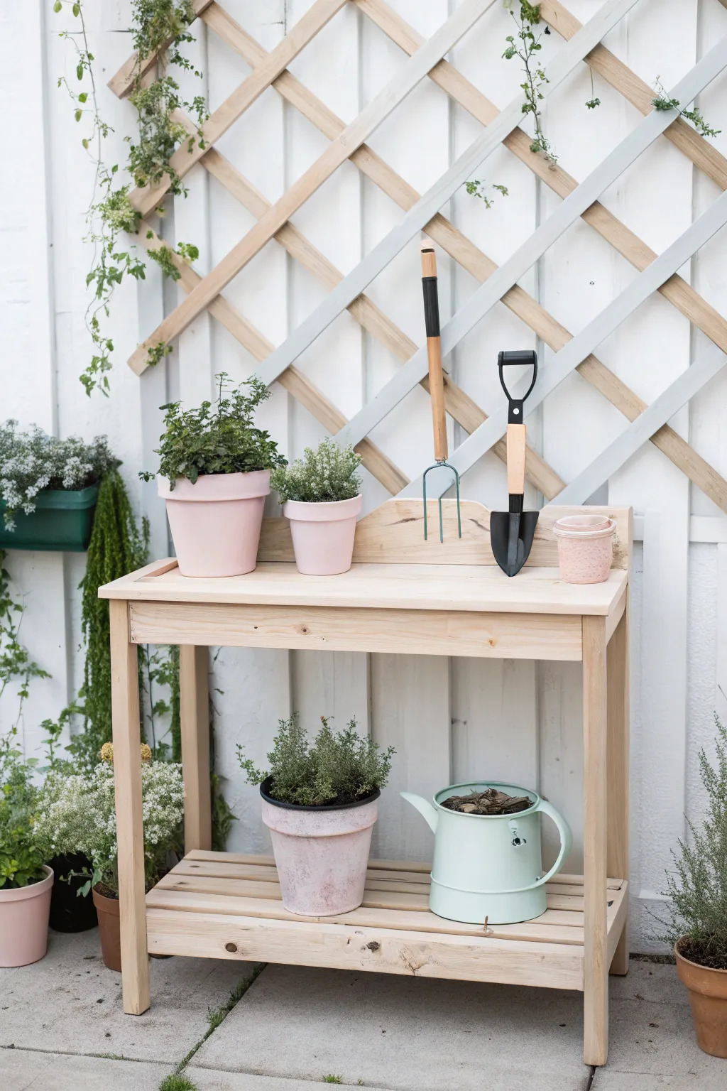 Elevate your gardening space with a minimalist potting bench featuring a practical and stylish trellis backdrop. Perfect for hanging tools and small plants!