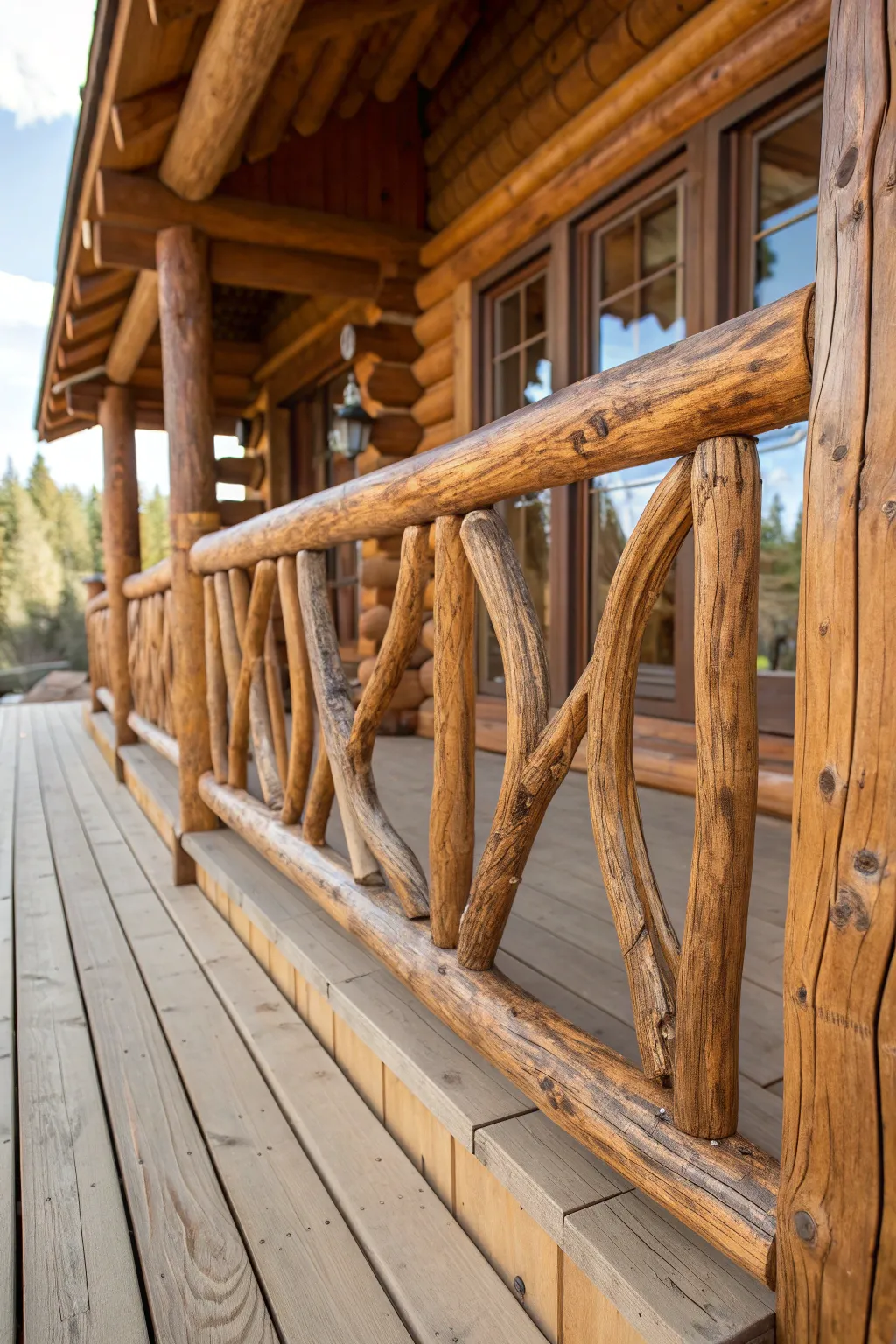 Embrace rustic charm with natural log railings - a touch of the wilderness for your deck.