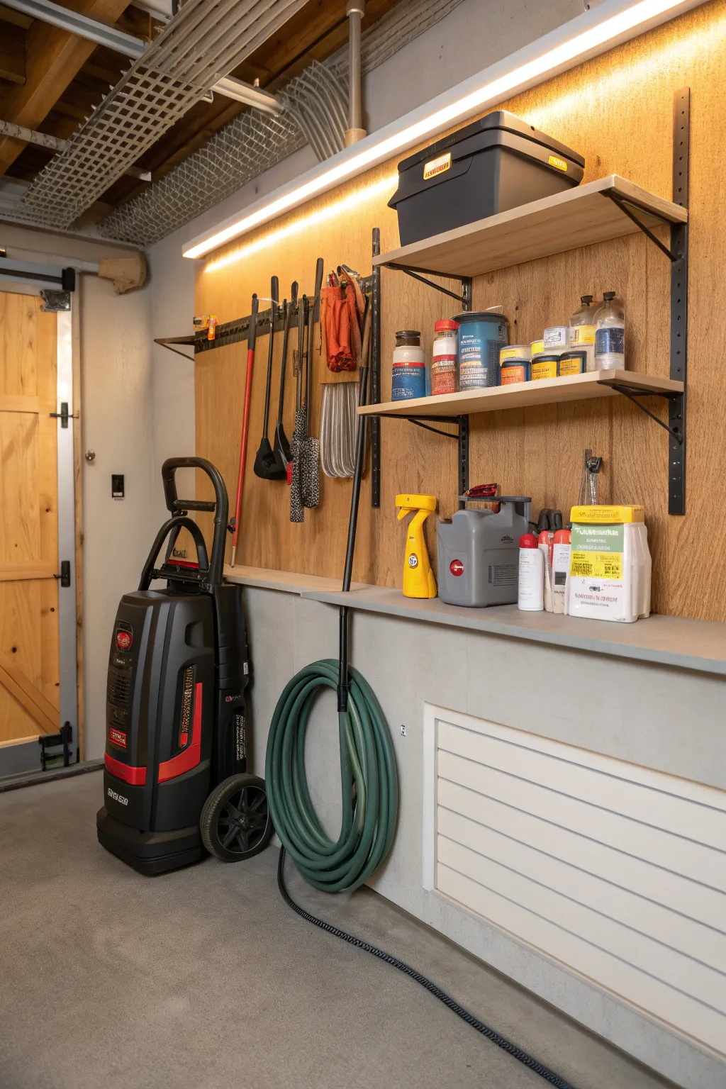 Transform your garage into a masterpiece of organization with a dedicated storage area for your pressure washer.