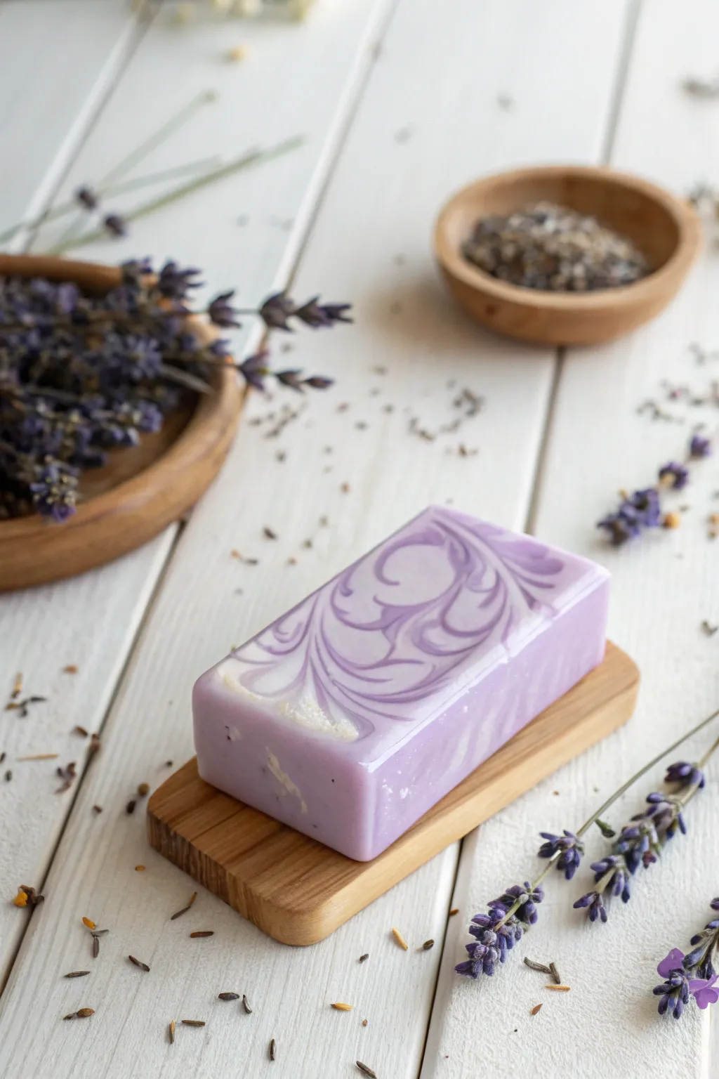 Elevate your senses with the simplicity and natural beauty of handcrafted lavender-vanilla soap.