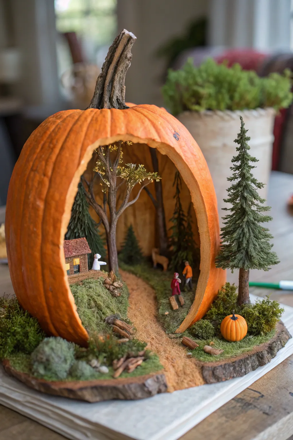 Step into a tiny world of wonder with this intricately carved pumpkin diorama.