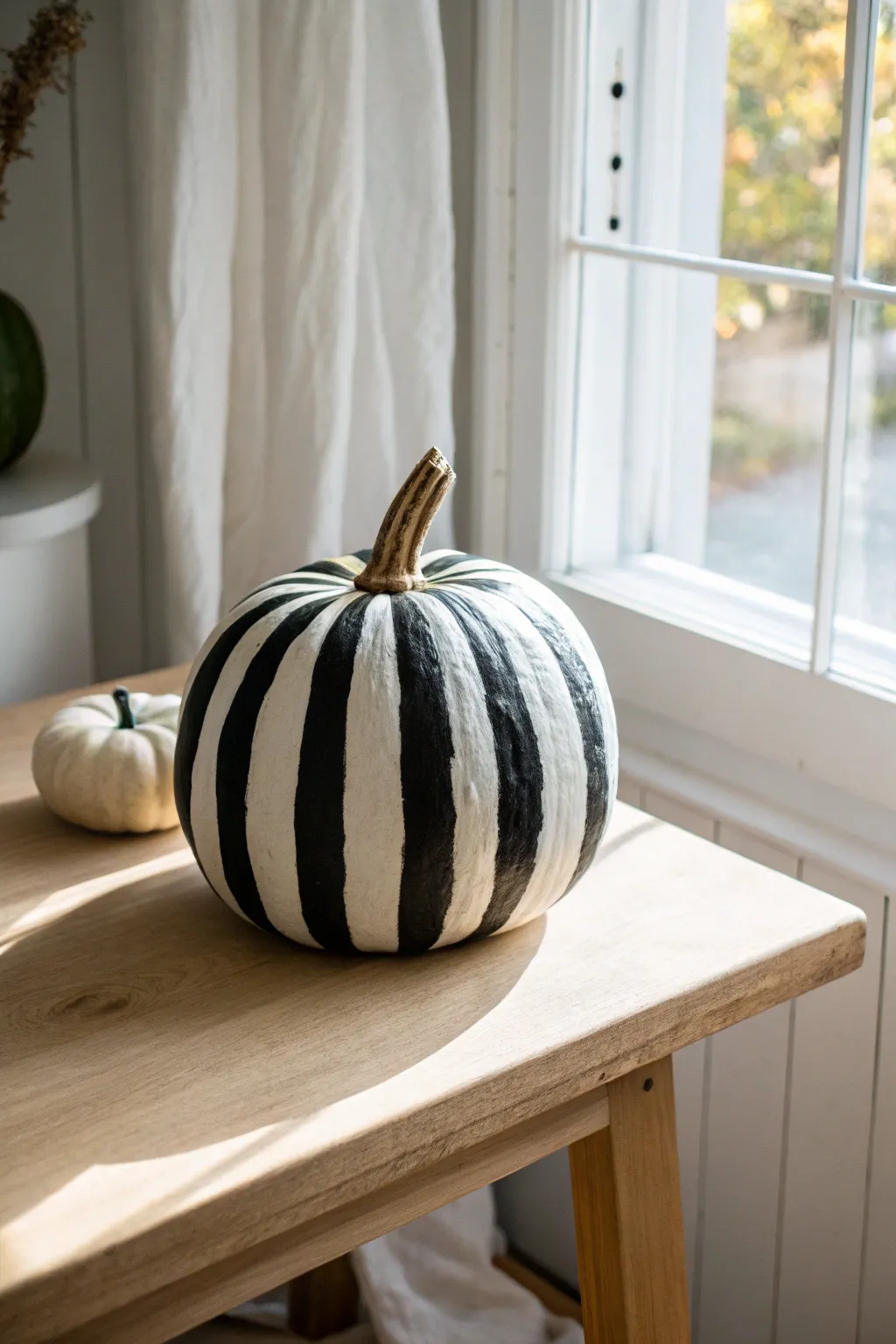 Embrace the elegance of monochrome with this chic striped pumpkin centerpiece.