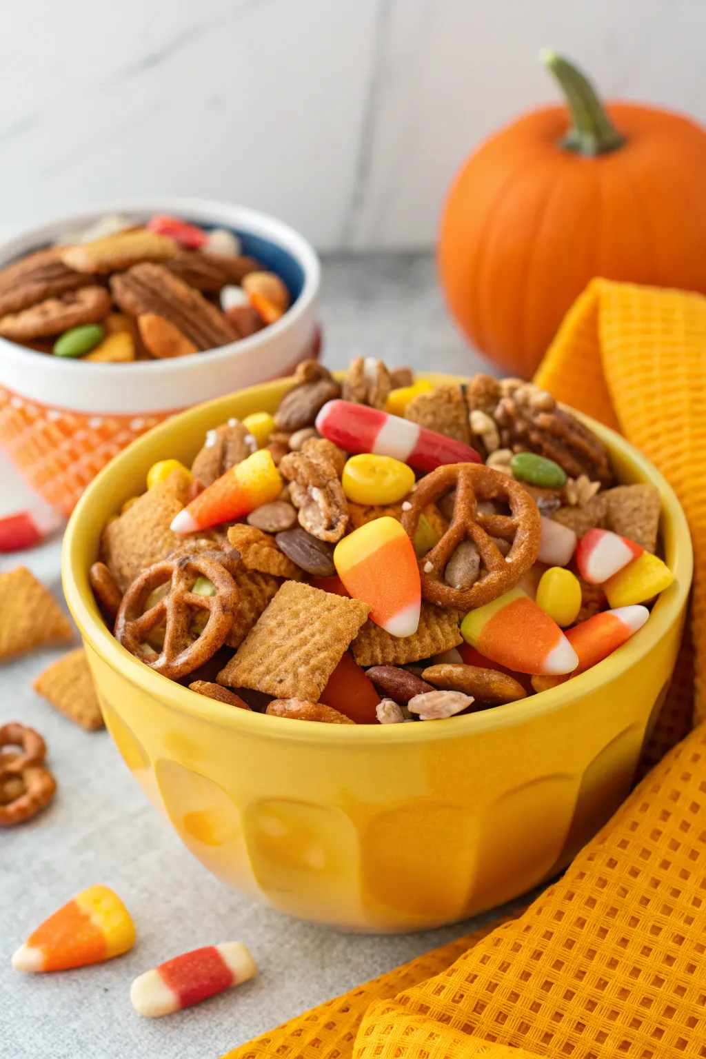 A colorful and crunchy pumpkin snack mix.