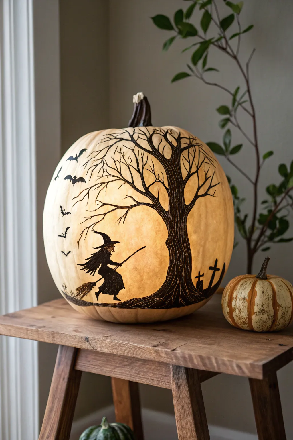 Elevate your Halloween decor with Scandinavian simplicity and boho charm—an enchanting witch silhouette carved into a pumpkin.