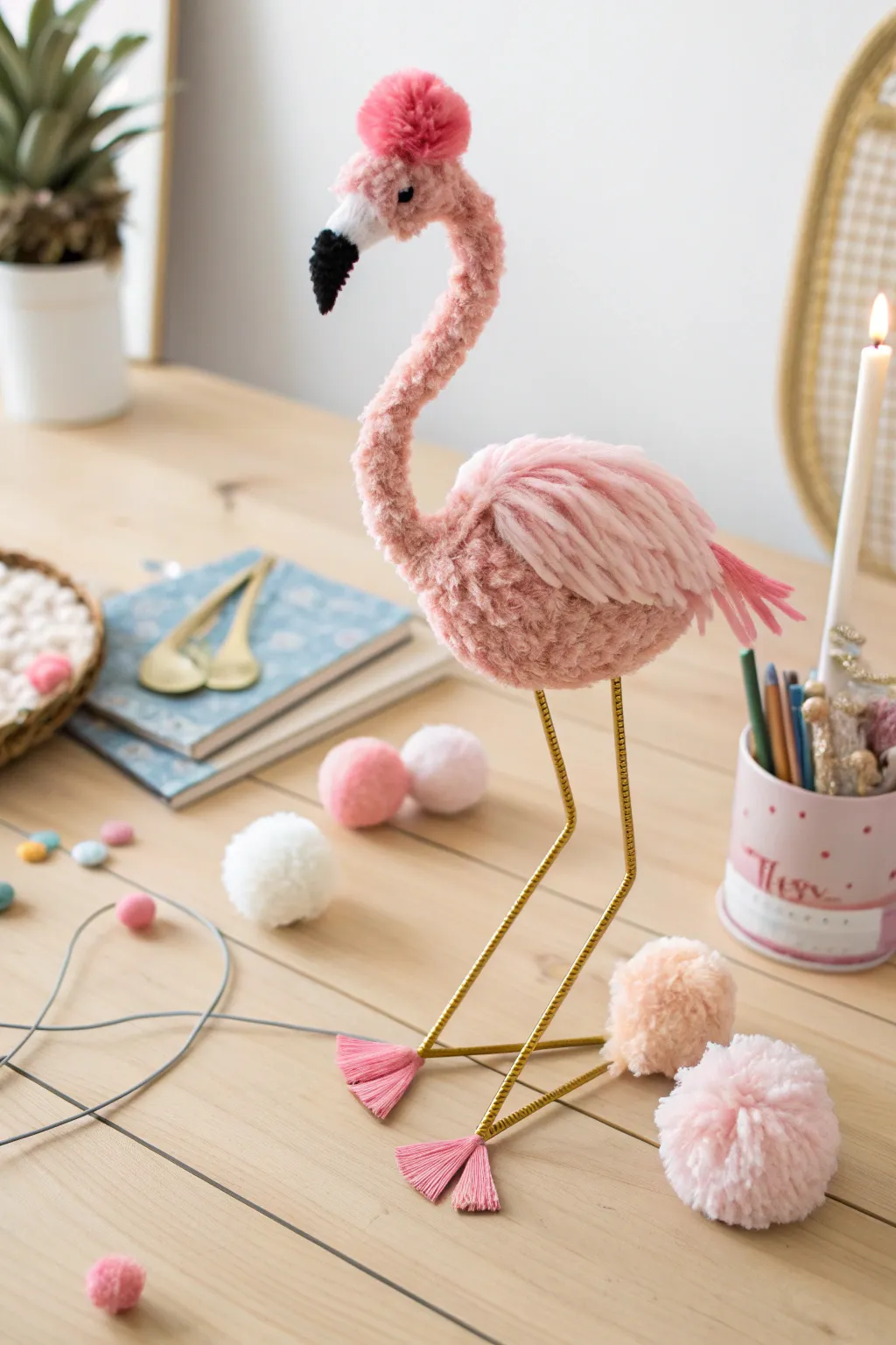 Crafted with love: Meet your new Pom Pom Pal, the boho flamingo marionette!
