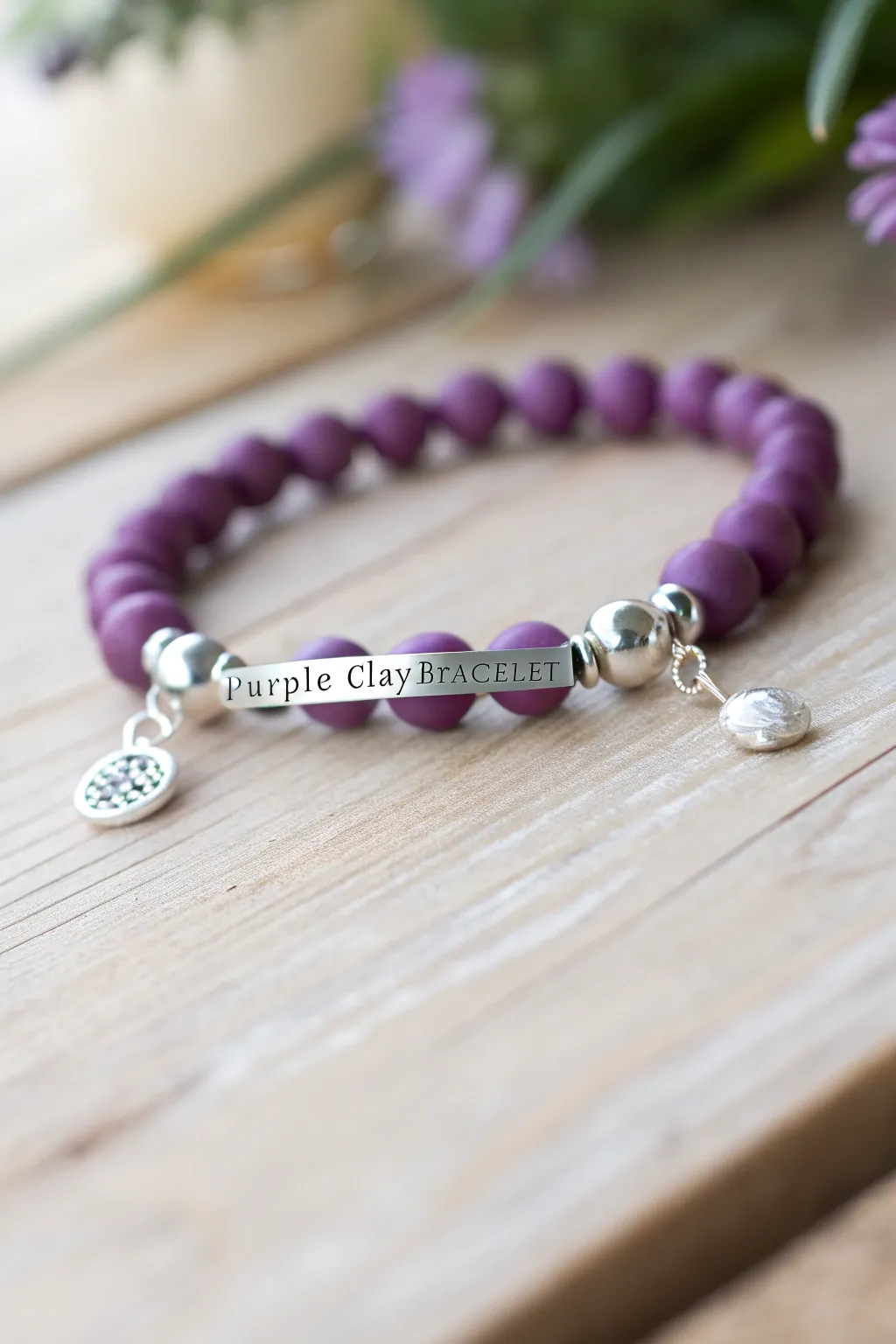 Add a personal touch with a charming, purple clay bead bracelet—where simplicity meets elegance.