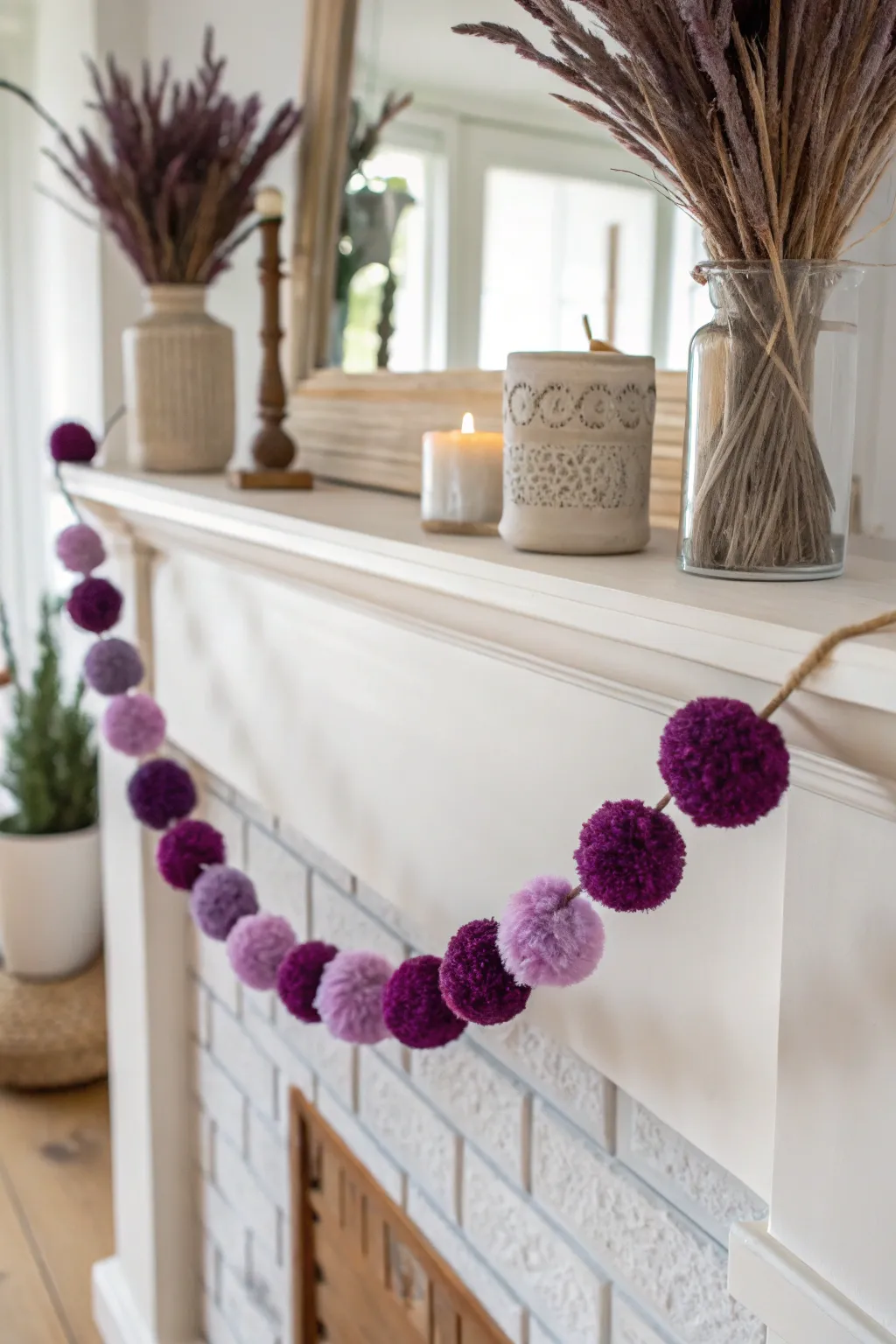 Whimsical Charm: Elevate your decor with a handcrafted purple pom pom garland, perfect for adding a playful touch to your mantel.