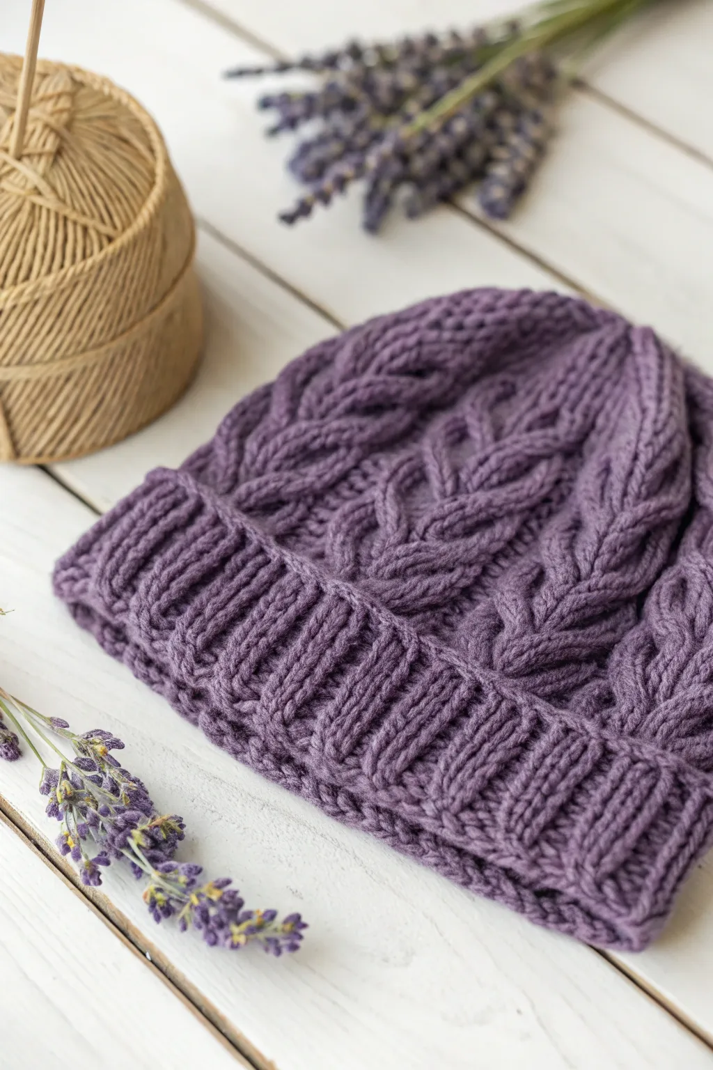 Embrace the cozy elegance of a handmade purple cabled beanie—perfect for staying warm and stylish this winter.