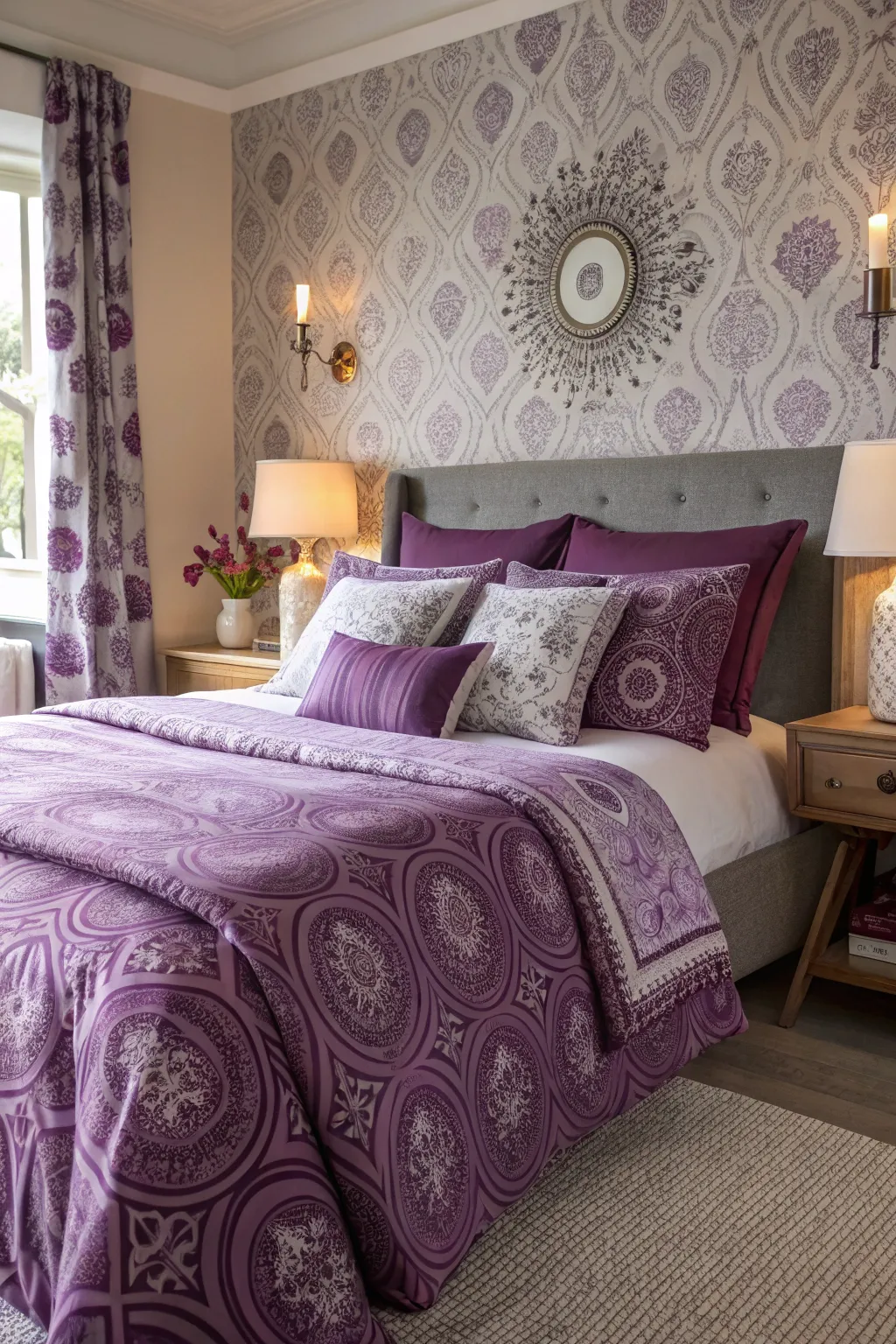 Patterns in bedding and wallpaper create a dynamic look.
