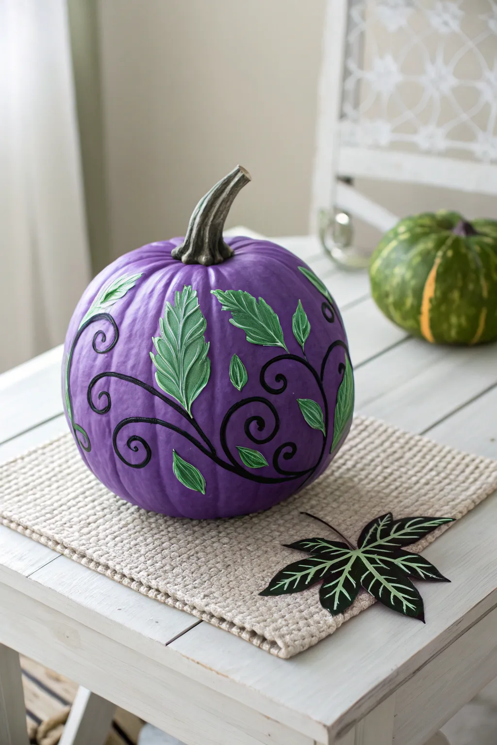 Embrace the artistry of vibrant hues with this stunning purple pumpkin masterpiece.