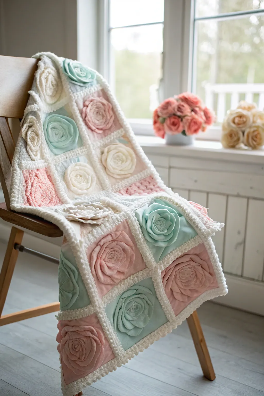 Elevate your rag quilt with charming rosettes for a touch of boho elegance.