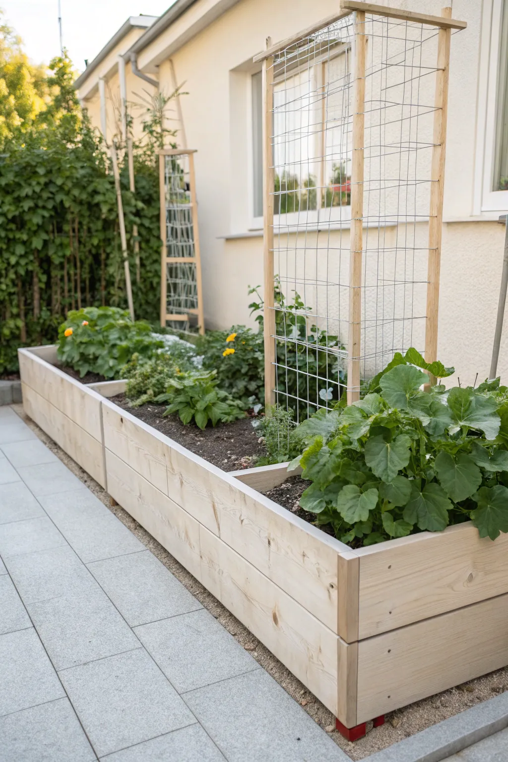 Elevate your garden's aesthetic with a minimalist wire panel trellis - where modern design meets natural charm.