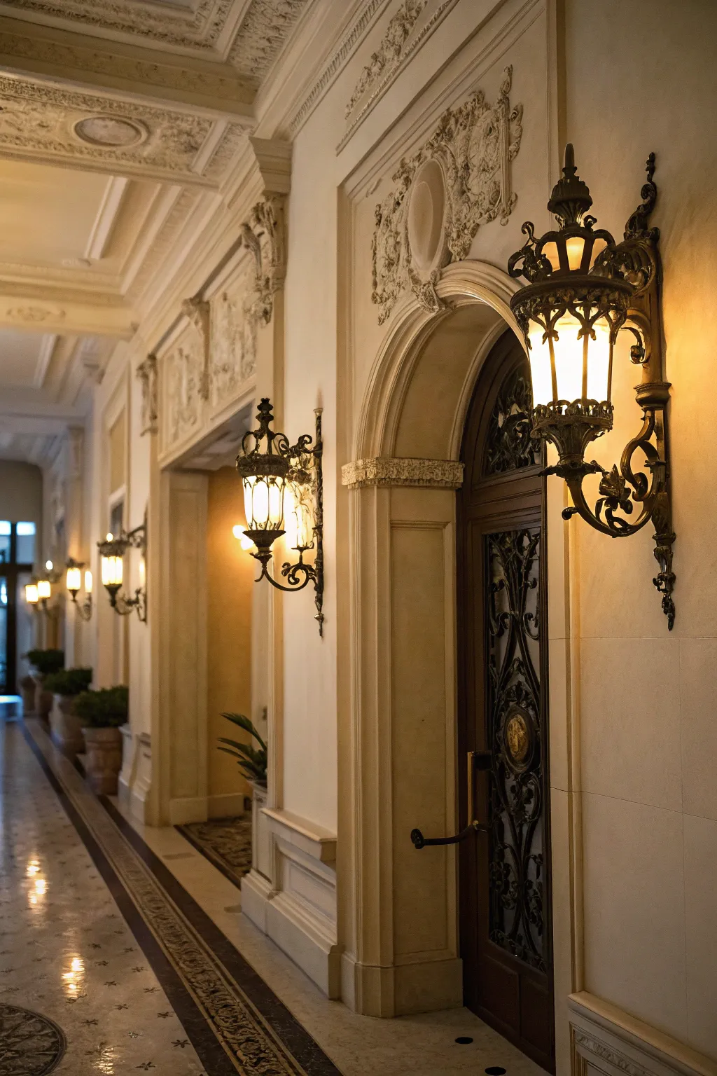 Wall sconces adding warmth and character to the entryway.