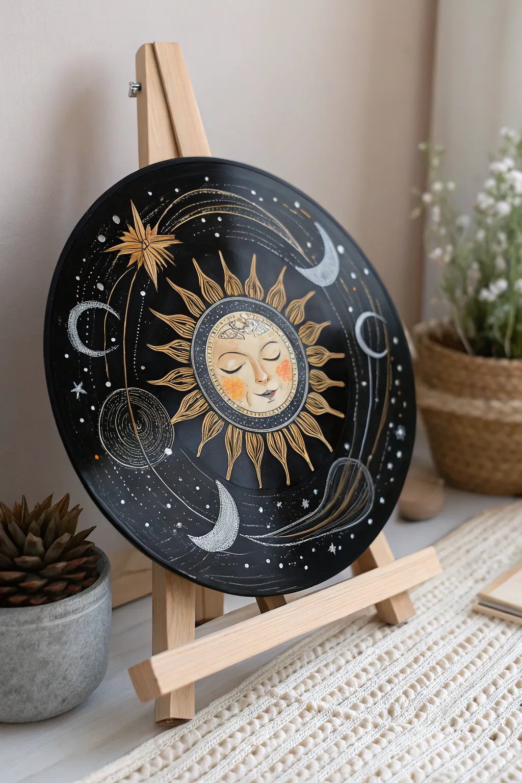 Bring cosmic charm into your space with this stunning sun and moon painted record—where artistry meets the stars.