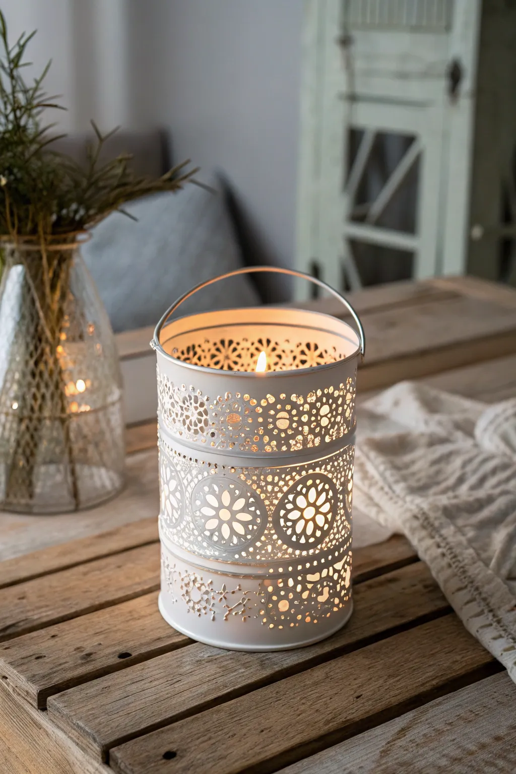 Illuminate your evenings with the charm of recycled tin can lanterns.