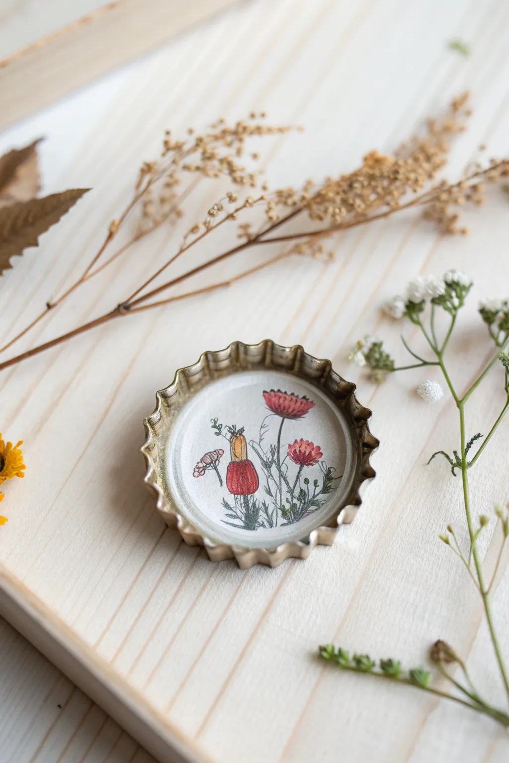 Transform bottle caps into charming fridge magnets with a touch of art and simplicity.