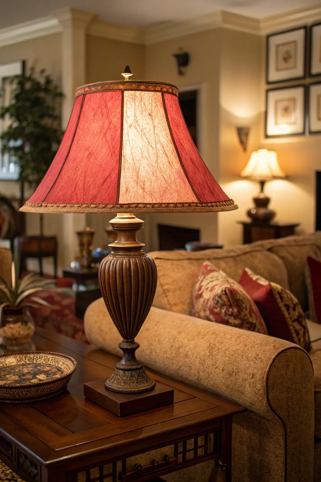 Warm lighting enhances the cozy atmosphere of a red and brown living room.