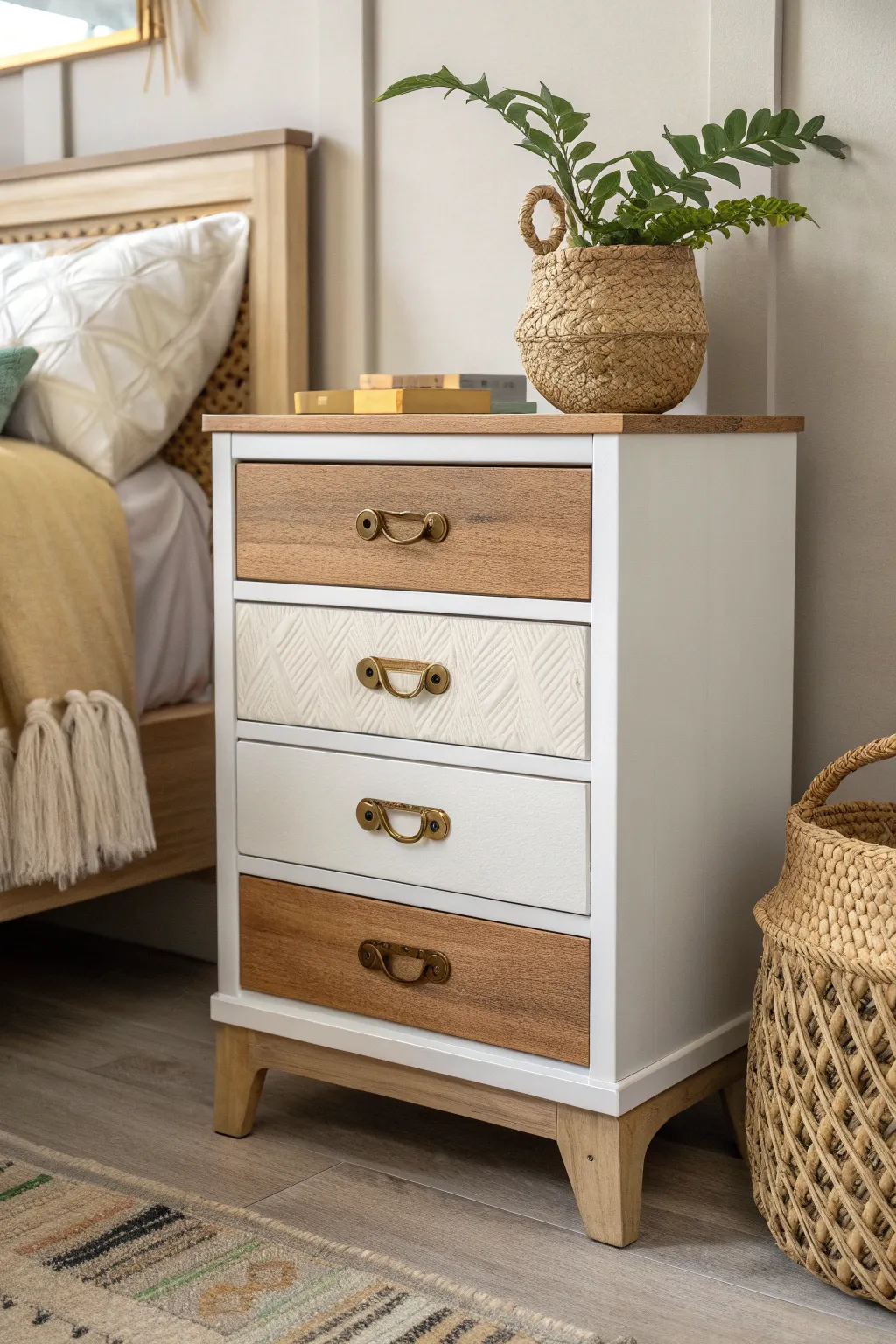 Elevate your space with a playful mix of drawer pulls for a unique nightstand centerpiece.