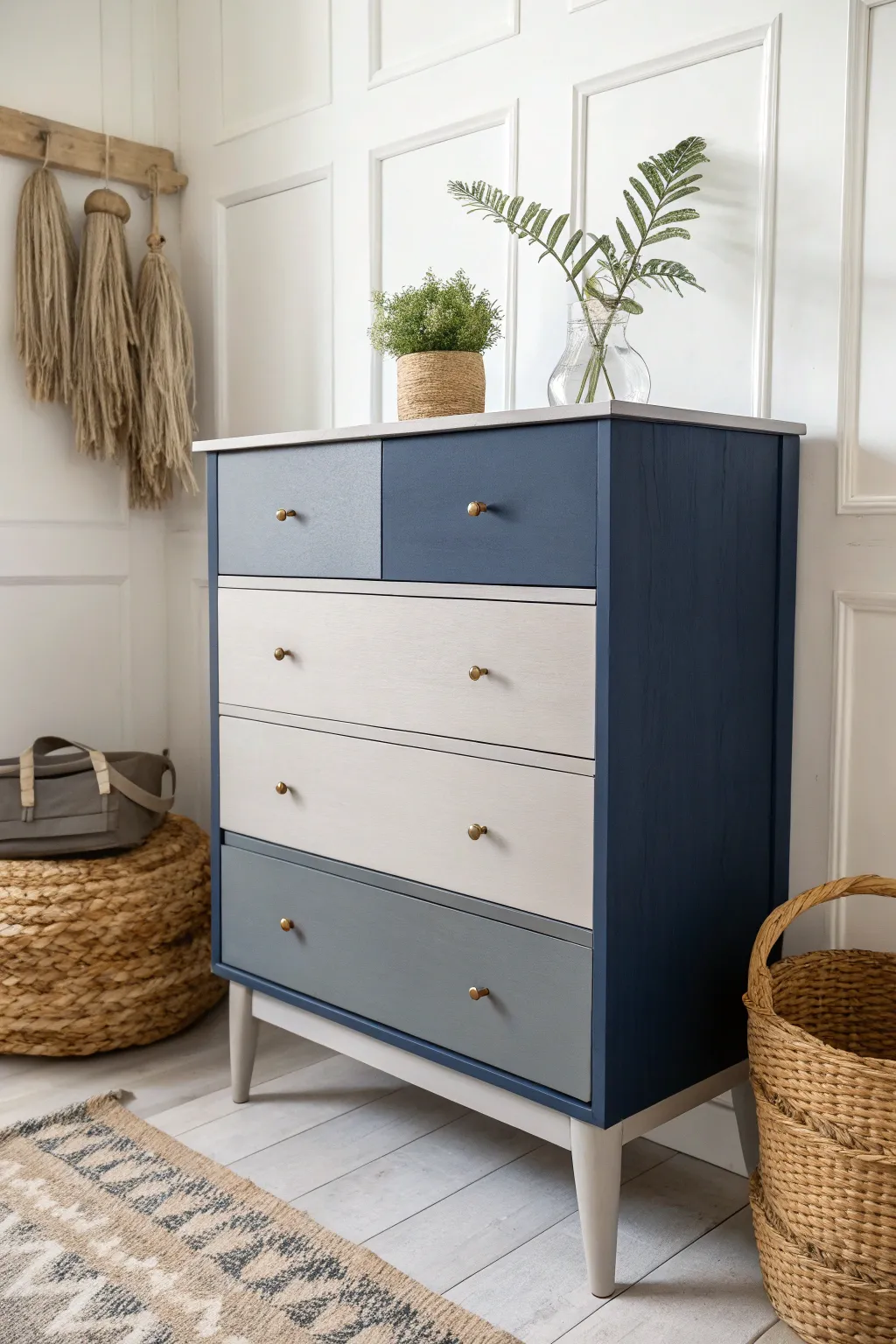 Elevate your space with a chic two-tone dresser that blends Scandinavian minimalism with a hint of Boho elegance.