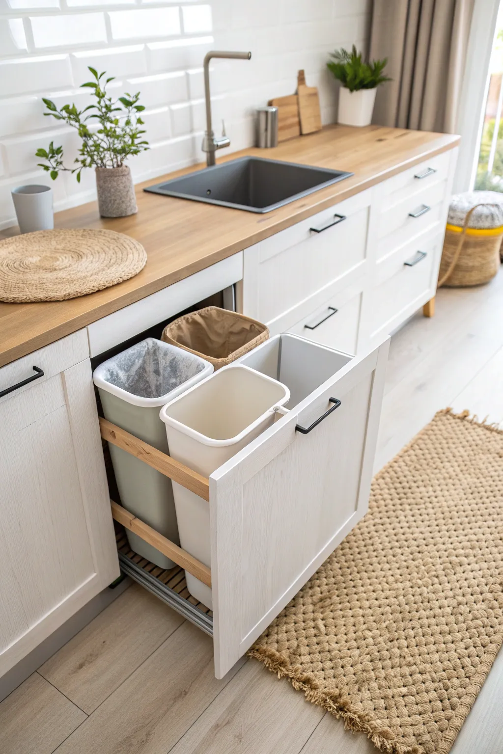 Tidy up your kitchen with a chic hidden trash solution that blends seamlessly with minimalist design.