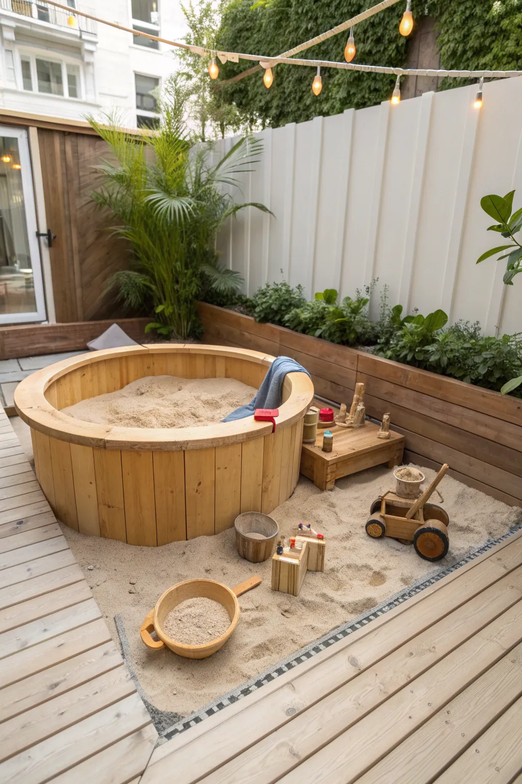Transform your old hot tub into a charming children's sandbox, combining Scandinavian simplicity with Boho charm. #UpcycledPlay #ScandiBoho