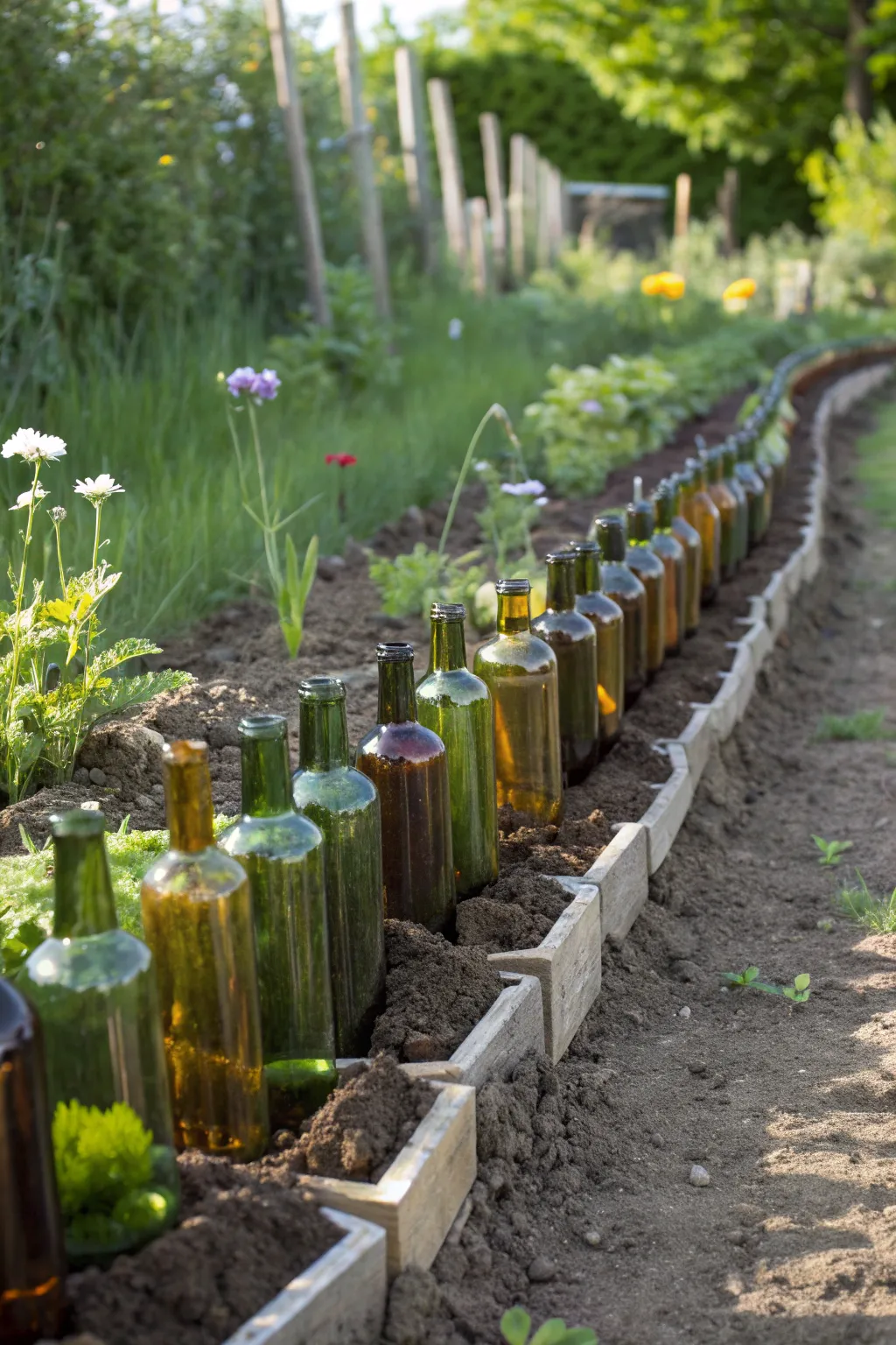 Transform your garden into an artsy haven with this chic wine bottle border idea!