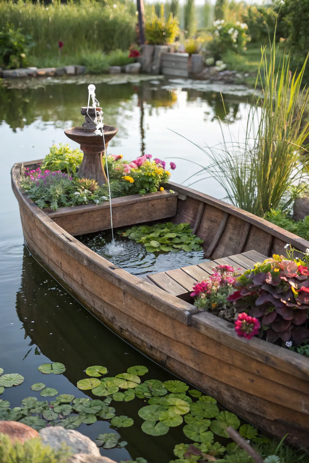 Transform your space with the tranquil beauty of a floating garden pond, crafted from a repurposed boat.