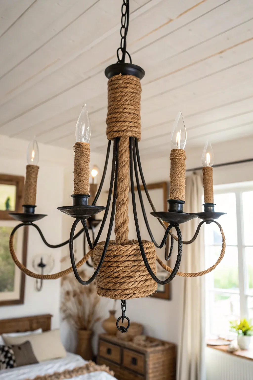 Transform your space with rustic charm: Twine-wrapped chandelier magic.