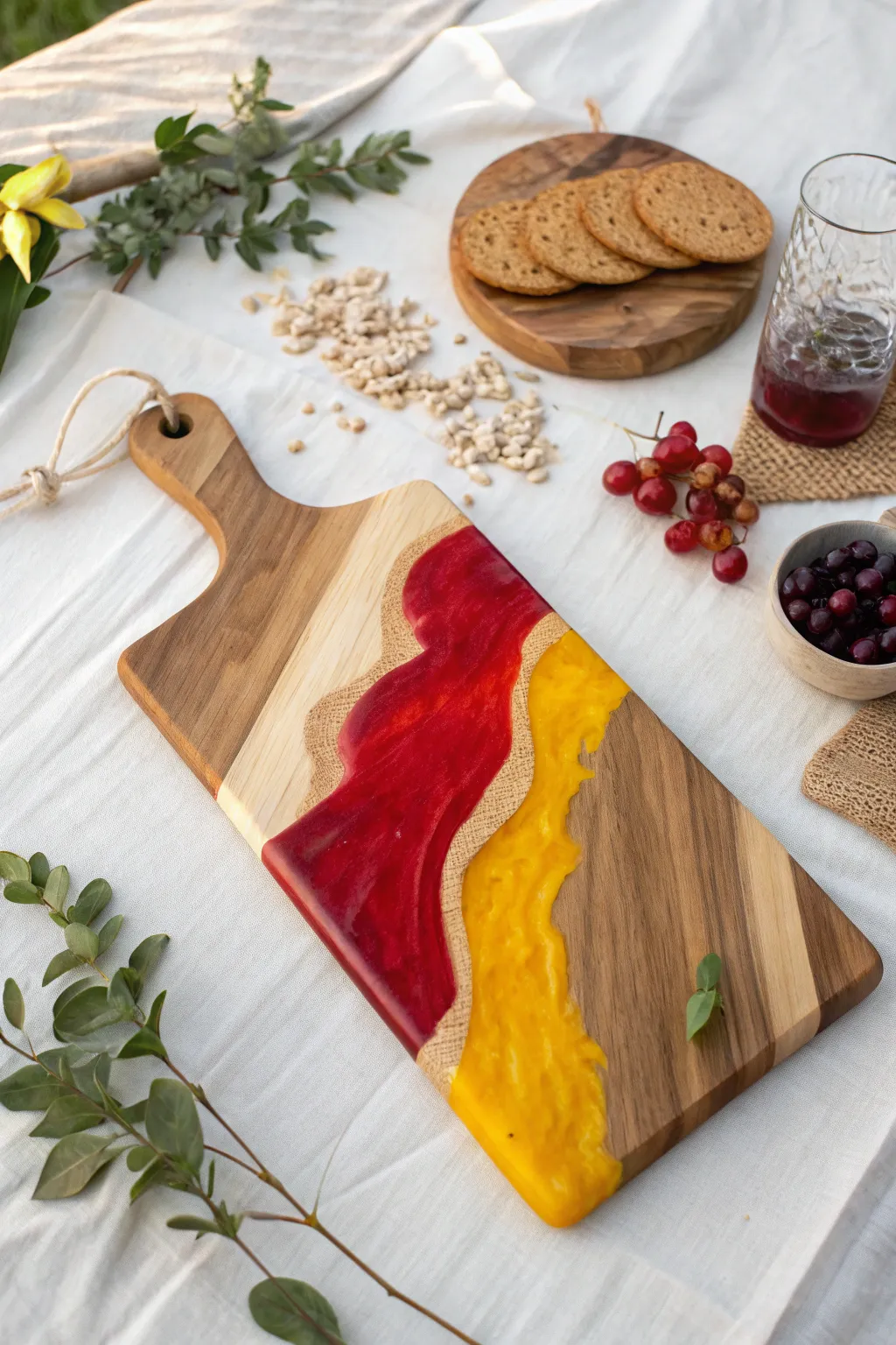 Add a burst of energy to your table with bold color blocking on a resin charcuterie board.