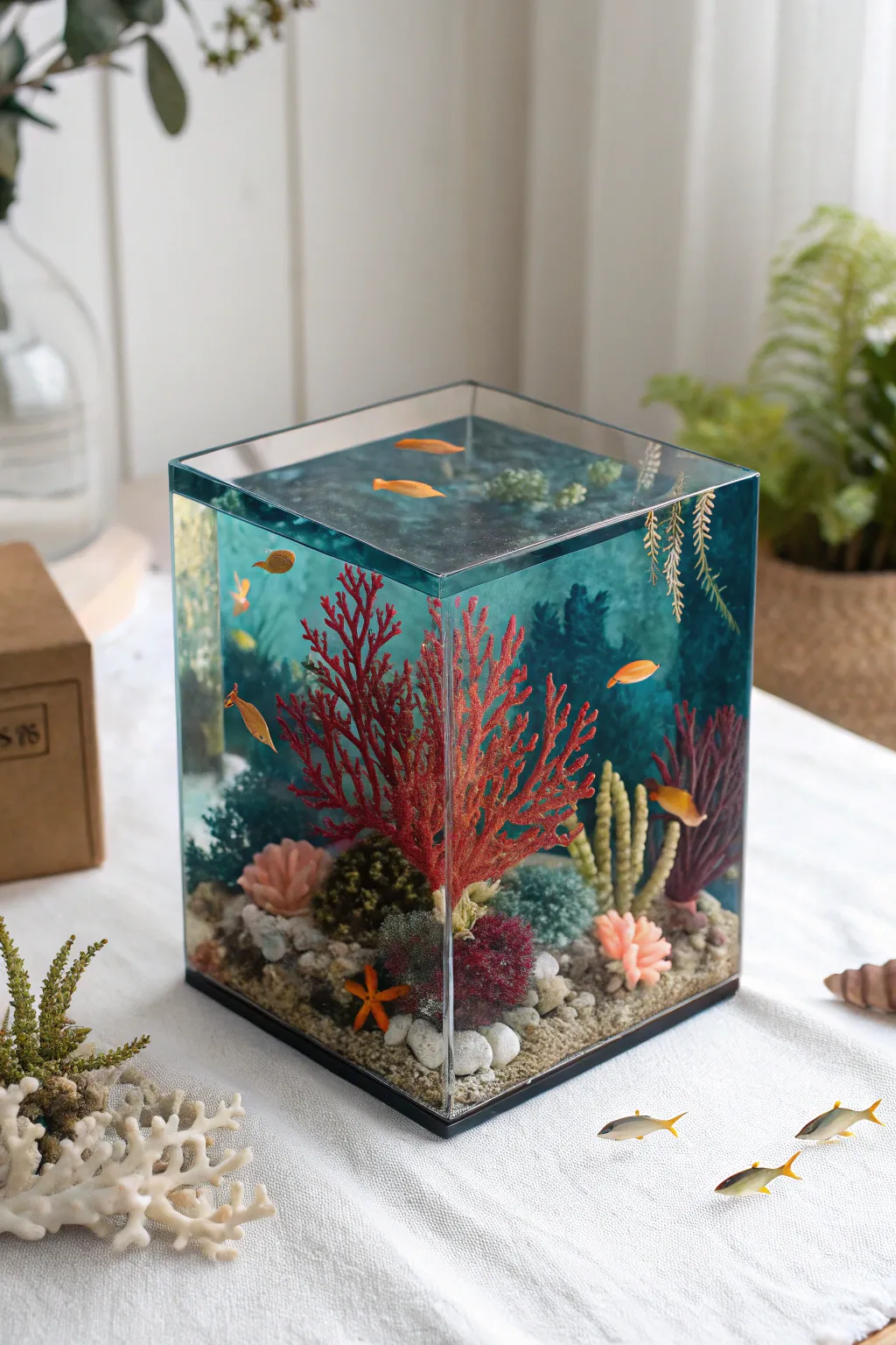 Dive into serenity with this handcrafted underwater ecosystem resin cube, a perfect blend of color and calm for your minimalist decor.