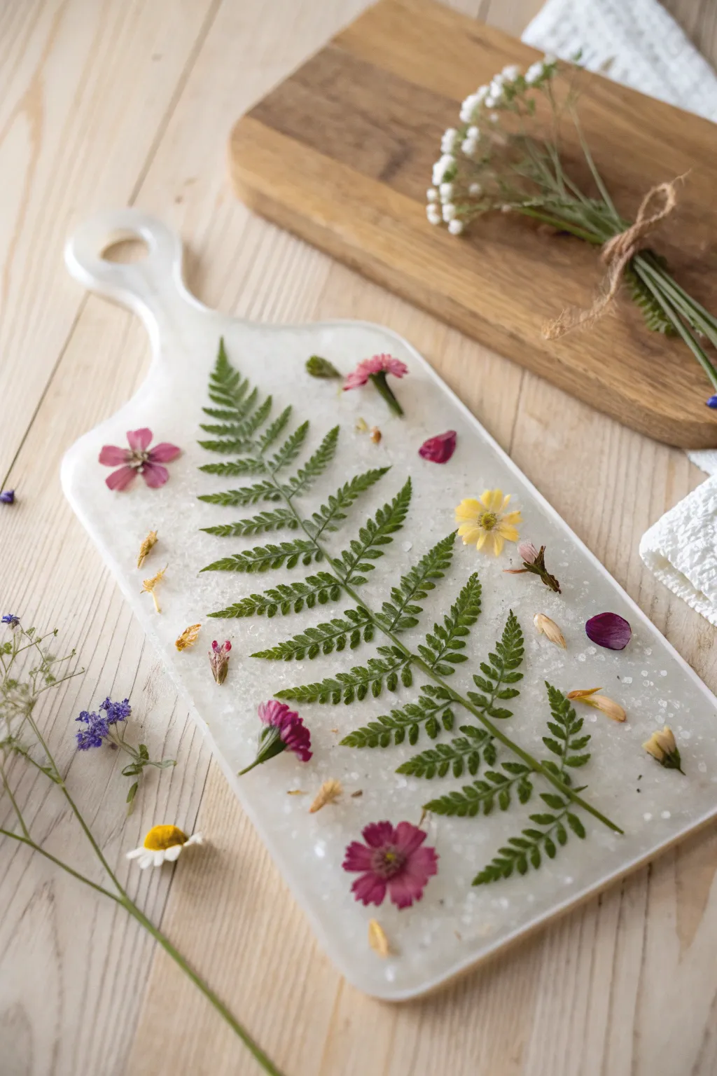 Transform your kitchen into a floral gallery with this enchanting resin cutting board, where nature meets artistry.